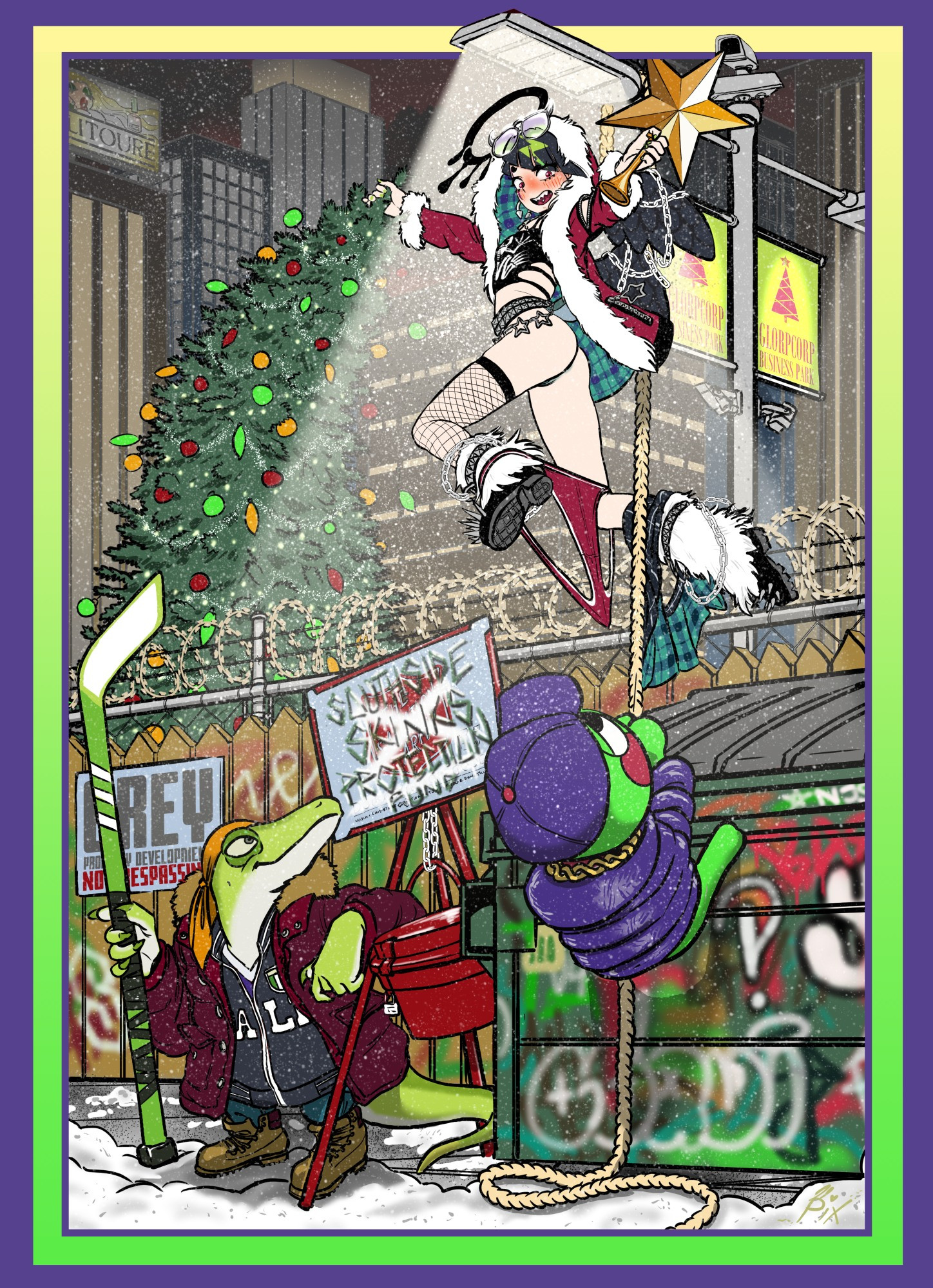 pixiemuledonkey, coqui saporana, indie virtual youtuber, highres, 1girl, 2025, 2boys, alligator, artist name, blush, breasts, christmas tree, climbing, crocodilian, frog, looking back, looking up, multiple boys, open mouth, panties, panty pull, rope, small breasts, underwear