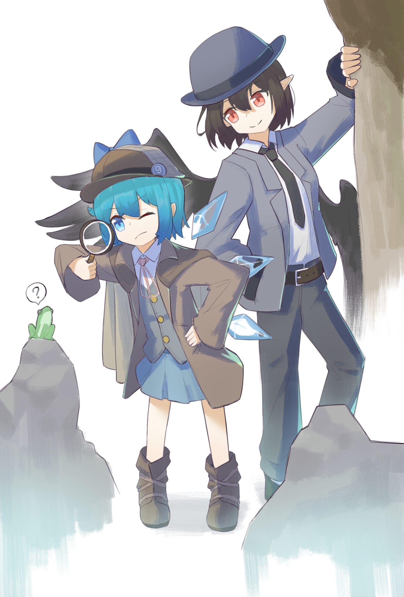cirno, shameimaru aya, touhou, commentary request, highres, 2girls, ?, alternate costume, alternate headwear, belt, black necktie, black pants, black wings, blue eyes, blue hair, blue skirt, boots, bow, brown belt, brown boots, brown hair, brown jacket, closed mouth, collared shirt, crystal, deerstalker, detached wings, detective, edsky0309, frog, grey hat, grey jacket, grey vest, hand in pocket, hand on own hip, hat, holding, holding magnifying glass, ice, ice wings, jacket, magnifying glass, multiple girls, neck ribbon, necktie, one eye closed, pants, red eyes, red ribbon, ribbon, shirt, skirt, spoken question mark, vest, white shirt, wings