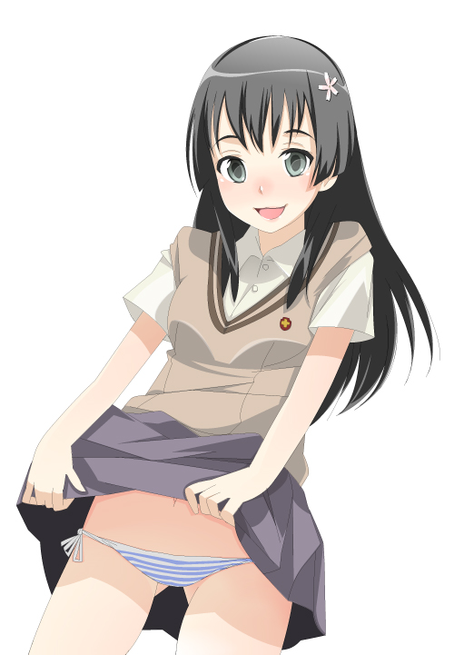 kazuha nanako, nanako (artist), saten ruiko, toaru kagaku no railgun, toaru majutsu no index, bad id, bad pixiv id, 00s, 1girl, black hair, clothes lift, female focus, grey eyes, hair ornament, long hair, open mouth, panties, school uniform, side-tie panties, simple background, skirt, skirt lift, smile, solo, sweater vest, underwear, white background