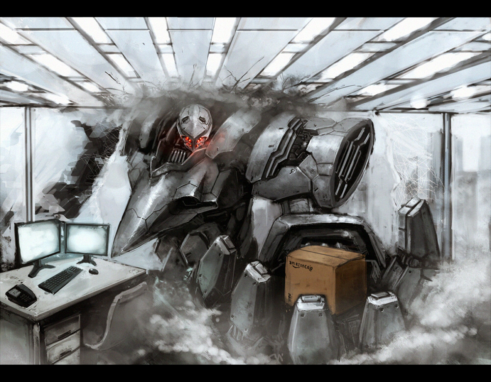 ra (pixiv120326), amazon (company), armored core, fromsoftware, original, box, cardboard box, computer, computer keyboard, foreshortening, letterboxed, mecha, mecha focus, no humans, office, robot