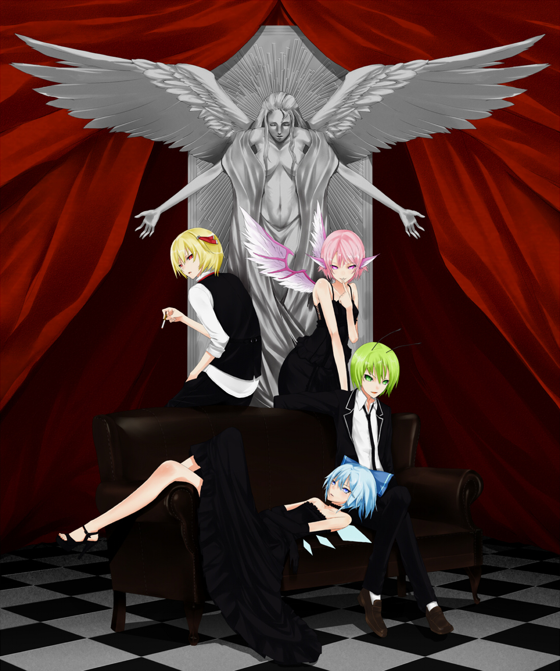 kodama (wa-ka-me), cirno, mystia lorelei, rumia, wriggle nightbug, touhou, bad id, bad pixiv id, highres, 4girls, alternate costume, antennae, back, blonde hair, blouse, checkered floor, cigarette, collared shirt, contemporary, formal clothes, hair between eyes, holding, holding cigarette, indoors, multiple girls, pant suit, pants, red eyes, shirt, sitting, sleeves rolled up, statue, suit, team 9 (touhou), white shirt, wings