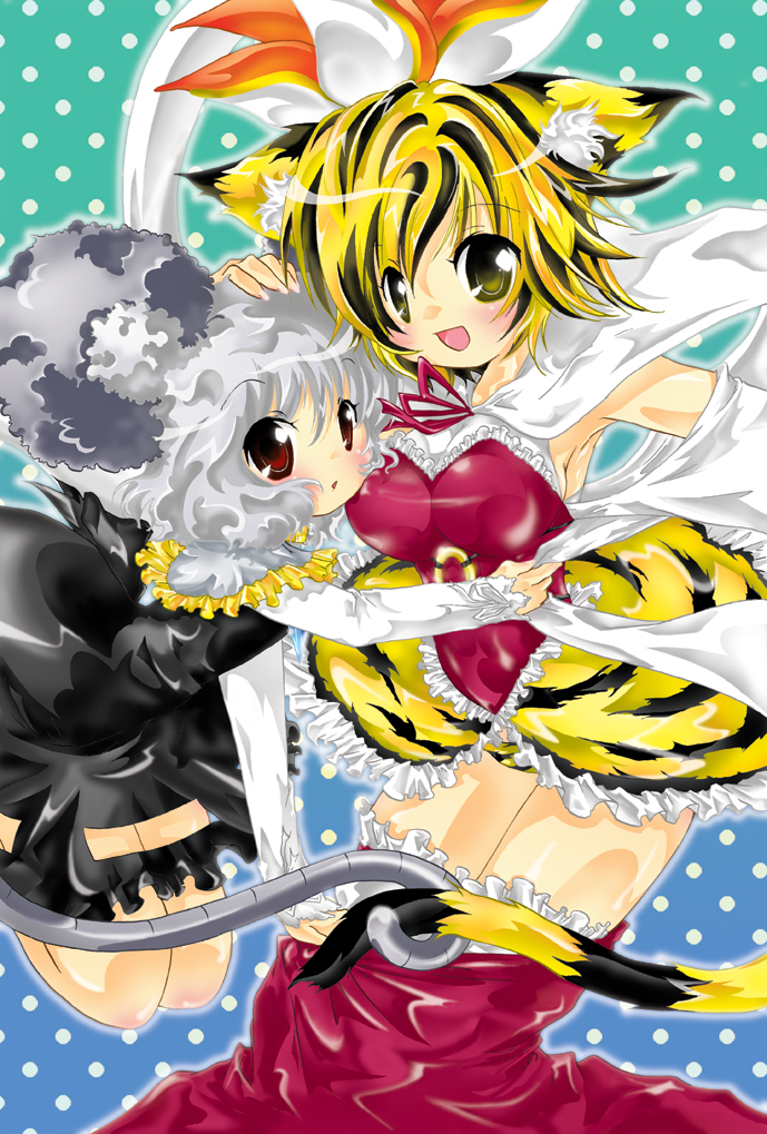 ichigo (artist), ichigo (strawberry), nazrin, toramaru shou, touhou, 2girls, animal ears, animal print, detached sleeves, female focus, kemonomimi mode, mouse ears, mouse tail, multiple girls, red eyes, shawl, short hair, tail, tiger ears, tiger print, tiger tail