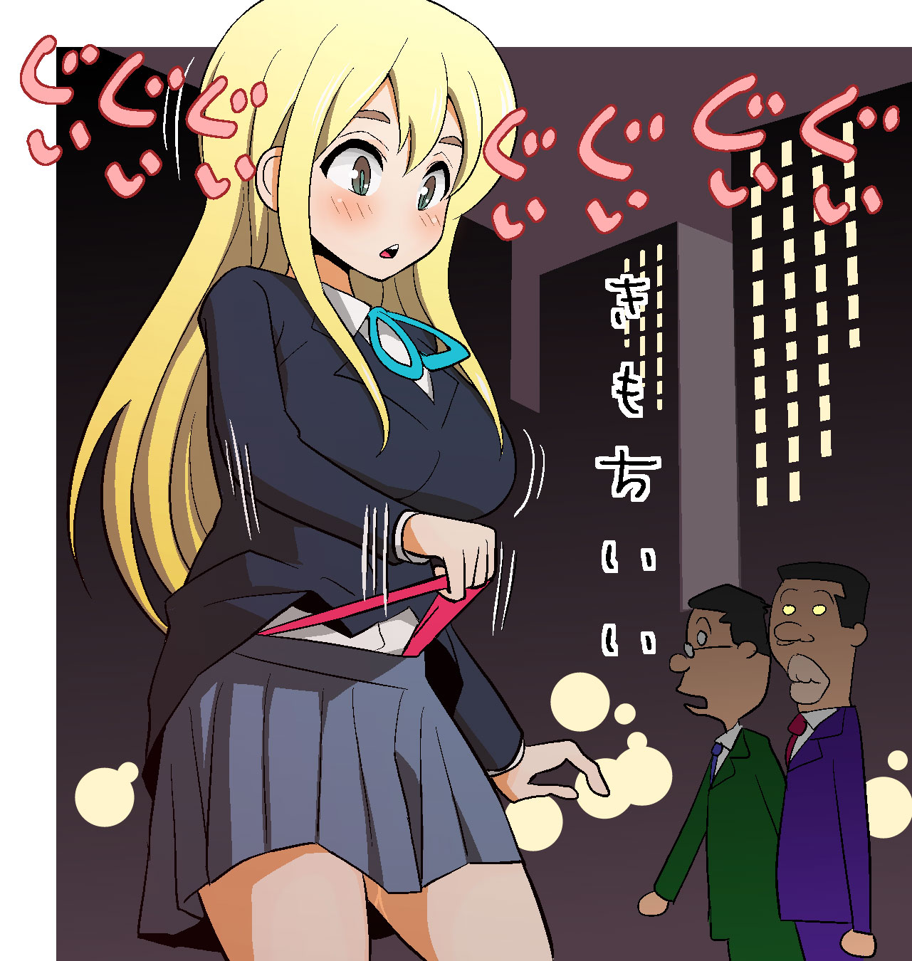 otoi rekomaru, anago, fuguta masuo, kotobuki tsumugi, wakamoto norio, eiken (studio), k-on!, sazae-san, eyebrows, highres, translated, 00s, 1girl, 2boys, blonde hair, blush, bow, building, city, dark-skinned male, dark skin, female masturbation, frontal wedgie, glasses, long hair, looking at another, masturbation, multiple boys, night, oekaki, outdoors, panties, panty lift, panty pull, pussy juice, road, salaryman, school uniform, self wedgie, street, underwear, wedgie