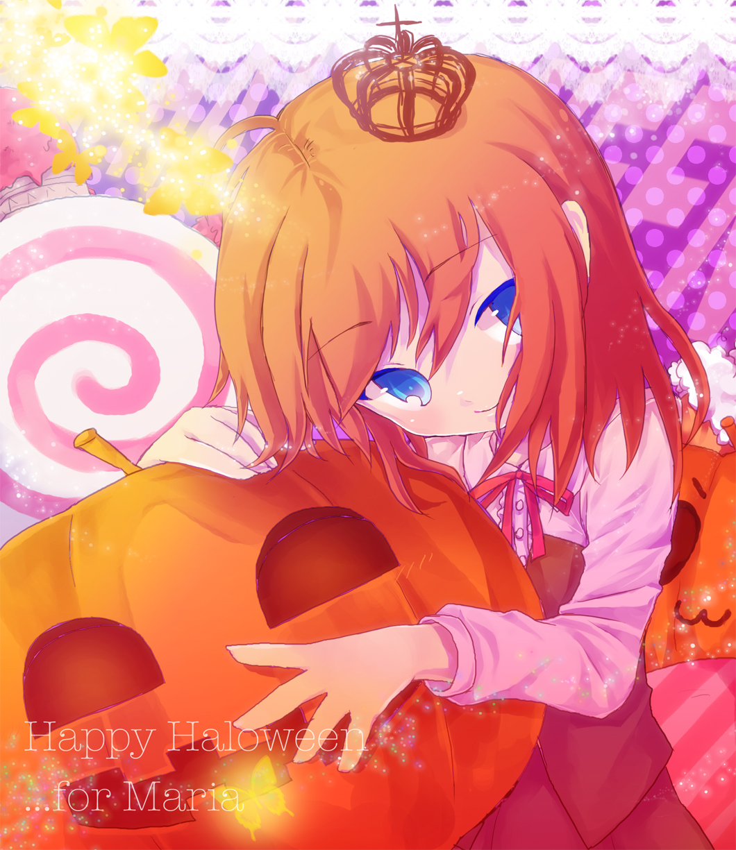 kazi, kz, ushiromiya maria, umineko no naku koro ni, bad id, bad pixiv id, highres, 00s, 1girl, :3, ahoge, blue eyes, bug, butterfly, character name, crown, female focus, halloween, happy halloween, insect, jack-o'-lantern, orange hair, pumpkin, solo, sparkle, text background, text focus