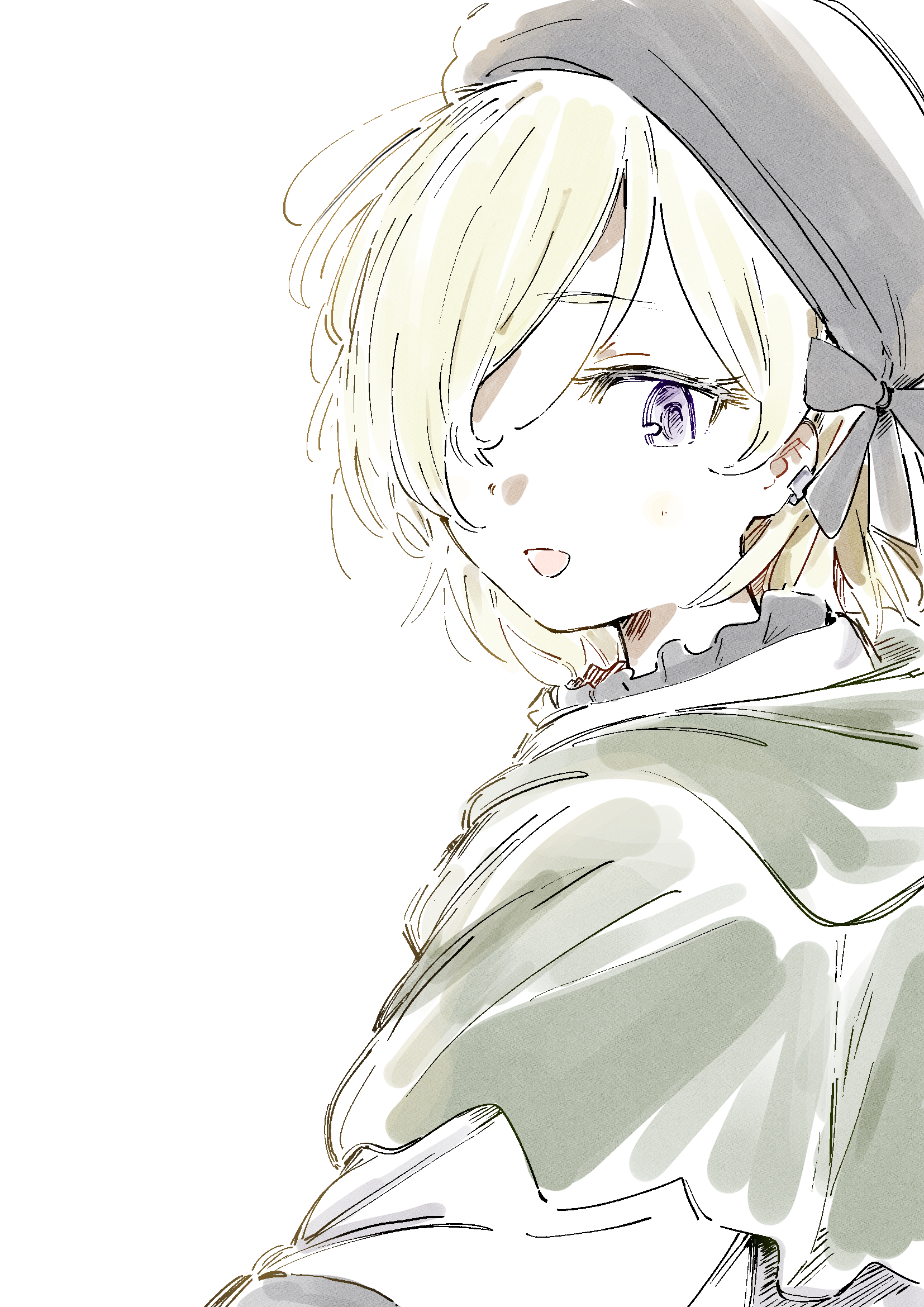 senda nara, mia taylor, love live!, love live! nijigasaki high school idol club, love live! nijigasaki high school idol club the movie – finale, commentary request, highres, 1girl, black hat, blonde hair, blush, hair over one eye, hat, looking at viewer, looking back, one eye covered, open mouth, purple eyes, short hair, simple background, smile, solo, upper body, white background