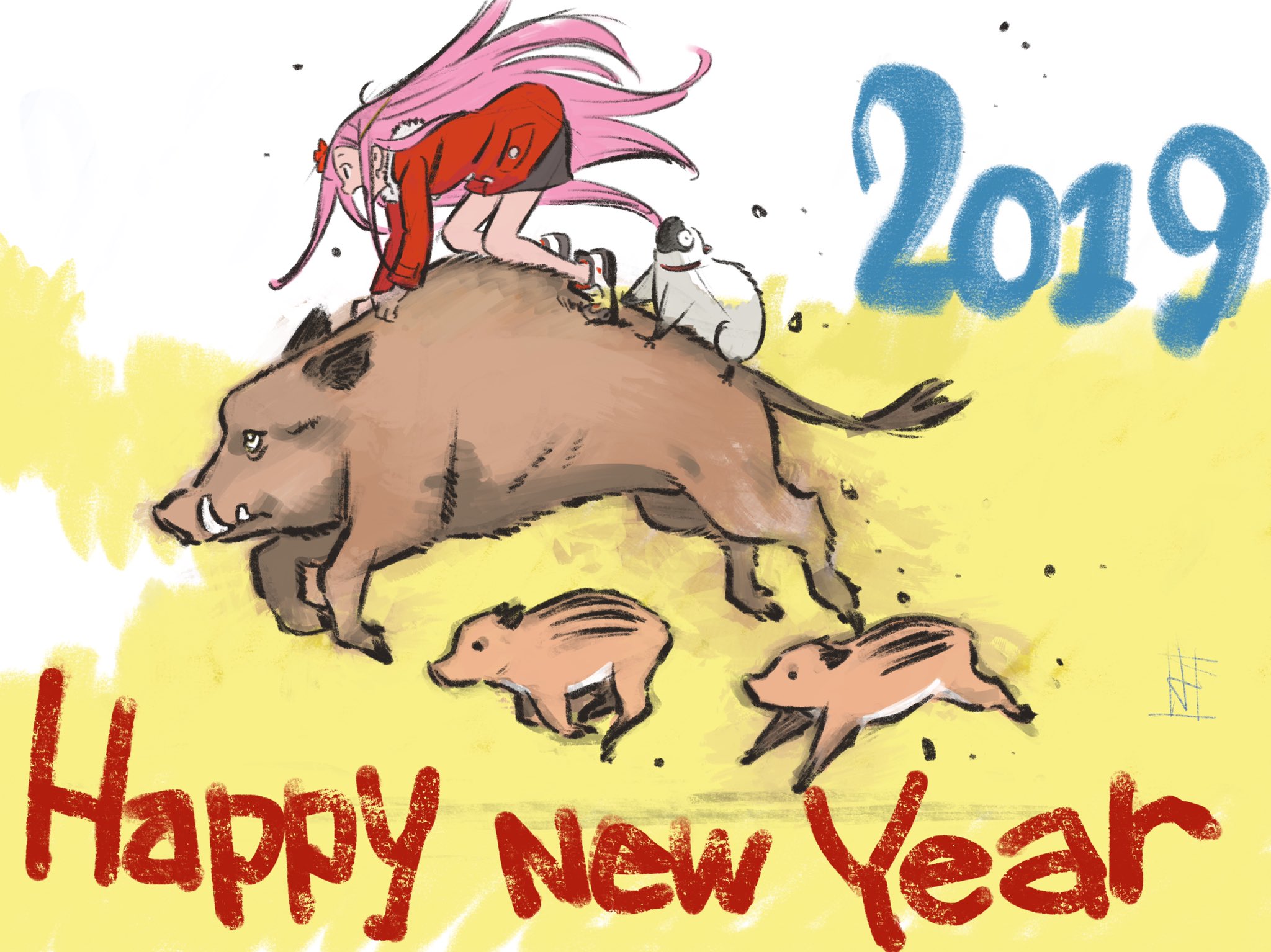 yoshida ken'ichi, anemone (eureka seven), gulliver (eureka seven), eureka seven, eureka seven (series), highres, 1girl, boar, chinese zodiac, full body, hair ornament, happy new year, long hair, new year, open mouth, pink hair, skirt, smile, year of the pig