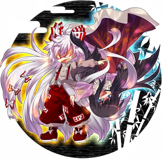 kiri futoshi, fujiwara no mokou, houraisan kaguya, touhou, light purple hair, bad id, bad pixiv id, duplicate, 2girls, bow, buckle, cape, closed eyes, female focus, hair bow, long hair, long sleeves, looking at viewer, multiple girls, ofuda, pants, simple background, suspenders, very long hair, white background