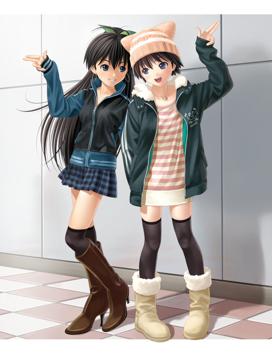 nekopuchi, ganaha hibiki, kikuchi makoto, nonowa, idolmaster, idolmaster (classic), black legwear, brown footwear, striped, highres, 00s, 2girls, animal hat, beanie, black hair, boots, checkered floor, earrings, finger gun, grin, hat, high heel boots, high heels, hoop earrings, jewelry, legs, long hair, multiple girls, necklace, open mouth, plaid clothes, plaid skirt, shoes, short hair, skirt, smile, thighhighs, tile floor, tiles, zipper
