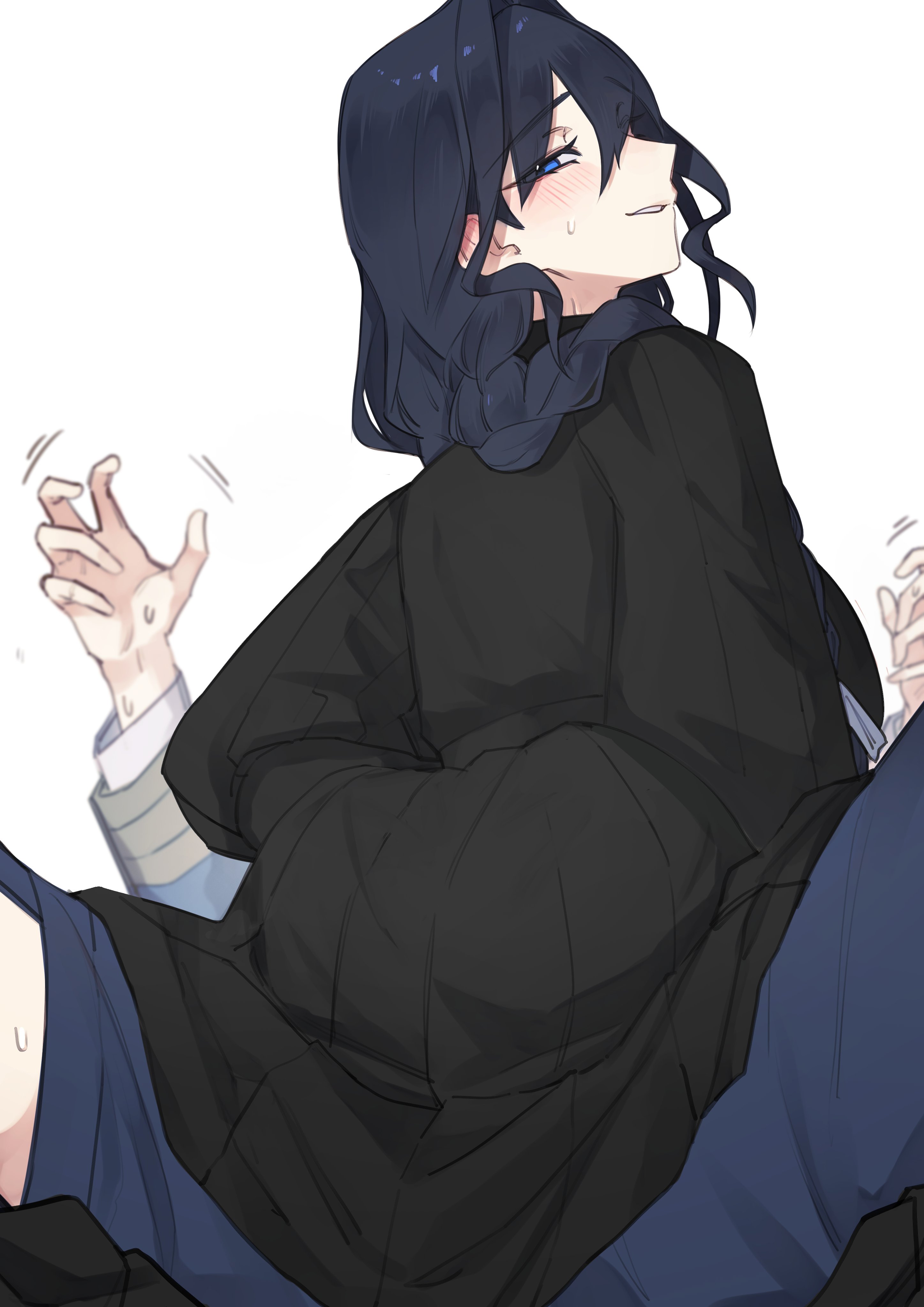 hunk 404, ouro kronii, ouro kronii (4th costume), ouro kronii (maid), hololive, hololive english, absurdres, highres, 2girls, ass, black dress, black hair, blue eyes, blush, braid, dress, dual persona, girl on top, hair intakes, juliet sleeves, long hair, long sleeves, looking at viewer, maid, multiple girls, official alternate costume, official alternate hairstyle, puffy sleeves, selfcest, smile, straddling, sweatdrop, teeth, victorian maid, virtual youtuber, white background, yuri