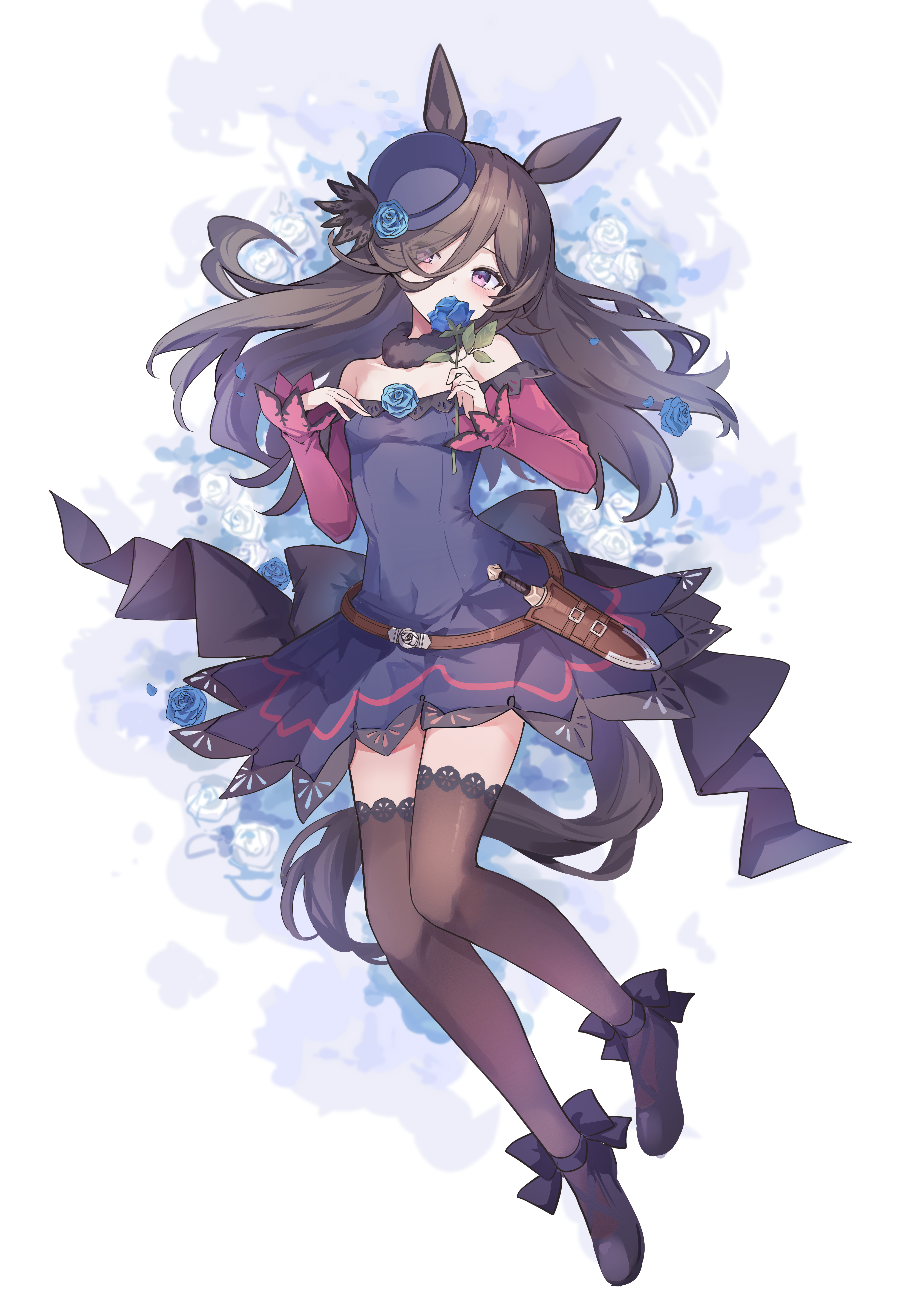 mola mola, rice shower (rosy dreams) (umamusume), rice shower (umamusume), umamusume, absurdres, commentary request, highres, 1girl, animal ears, bare shoulders, black thighhighs, blue dress, blue flower, blue hat, blue rose, blush, breasts, brown hair, dagger, dress, fascinator, flipped hair, flower, full body, fur choker, hair over one eye, hat, hat flower, holding, holding flower, horse ears, horse girl, horse tail, knife, long hair, long sleeves, looking at viewer, off-shoulder dress, off shoulder, purple eyes, rose, sheath, sheathed, small breasts, solo, tail, thighhighs, tilted headwear, weapon