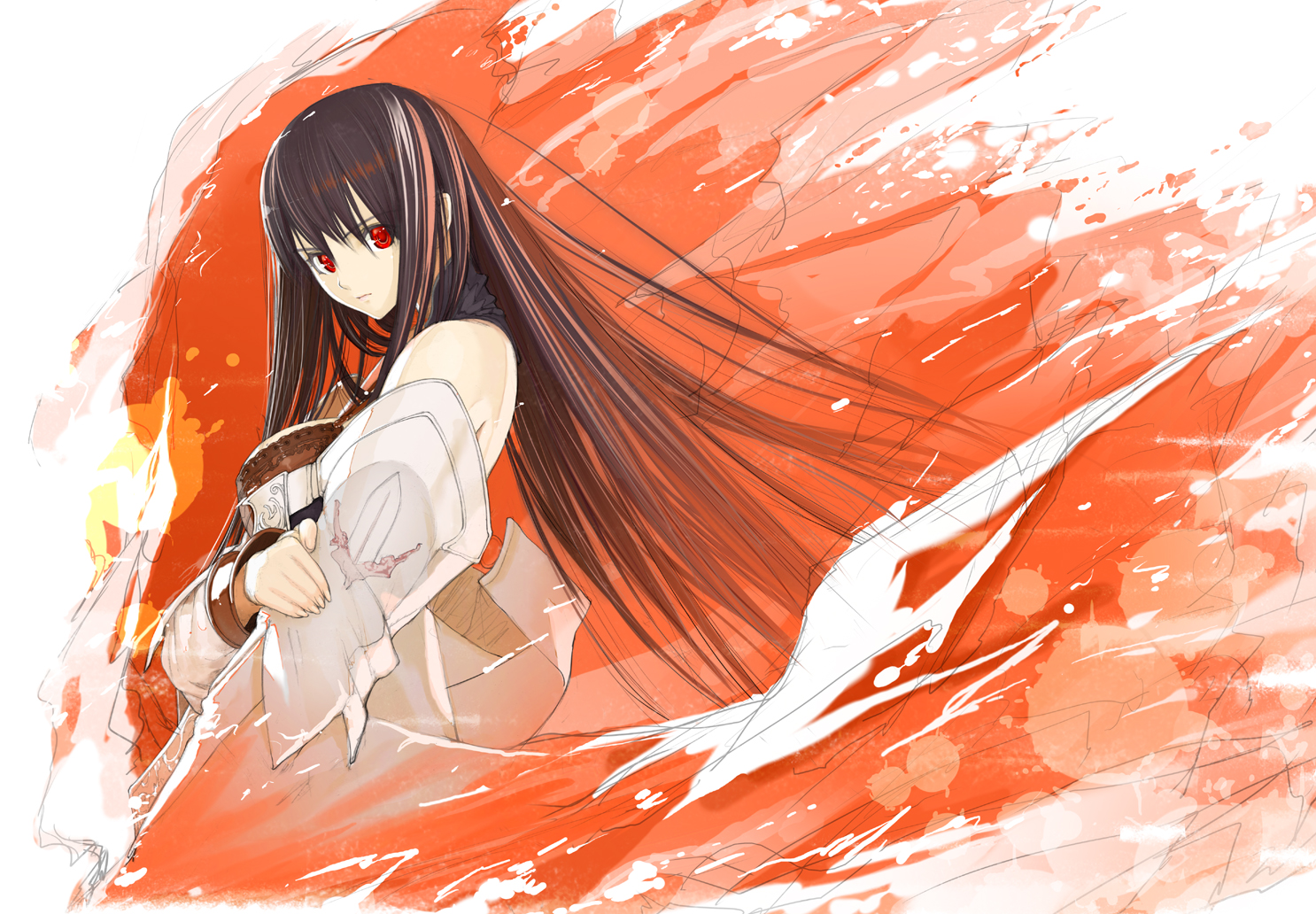 nakabayashi reimei, rishia, lord of vermilion, bad id, bad pixiv id, 1girl, bare shoulders, brown hair, female focus, fire, long hair, red eyes, solo