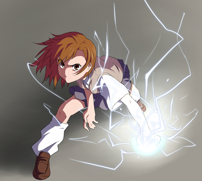 ikari manatsu, misaka mikoto, toaru kagaku no railgun, toaru majutsu no index, 00s, 1girl, brown eyes, brown hair, electricity, electrokinesis, female focus, full body, gradient background, loose socks, school uniform, skirt, socks, solo, sweater vest