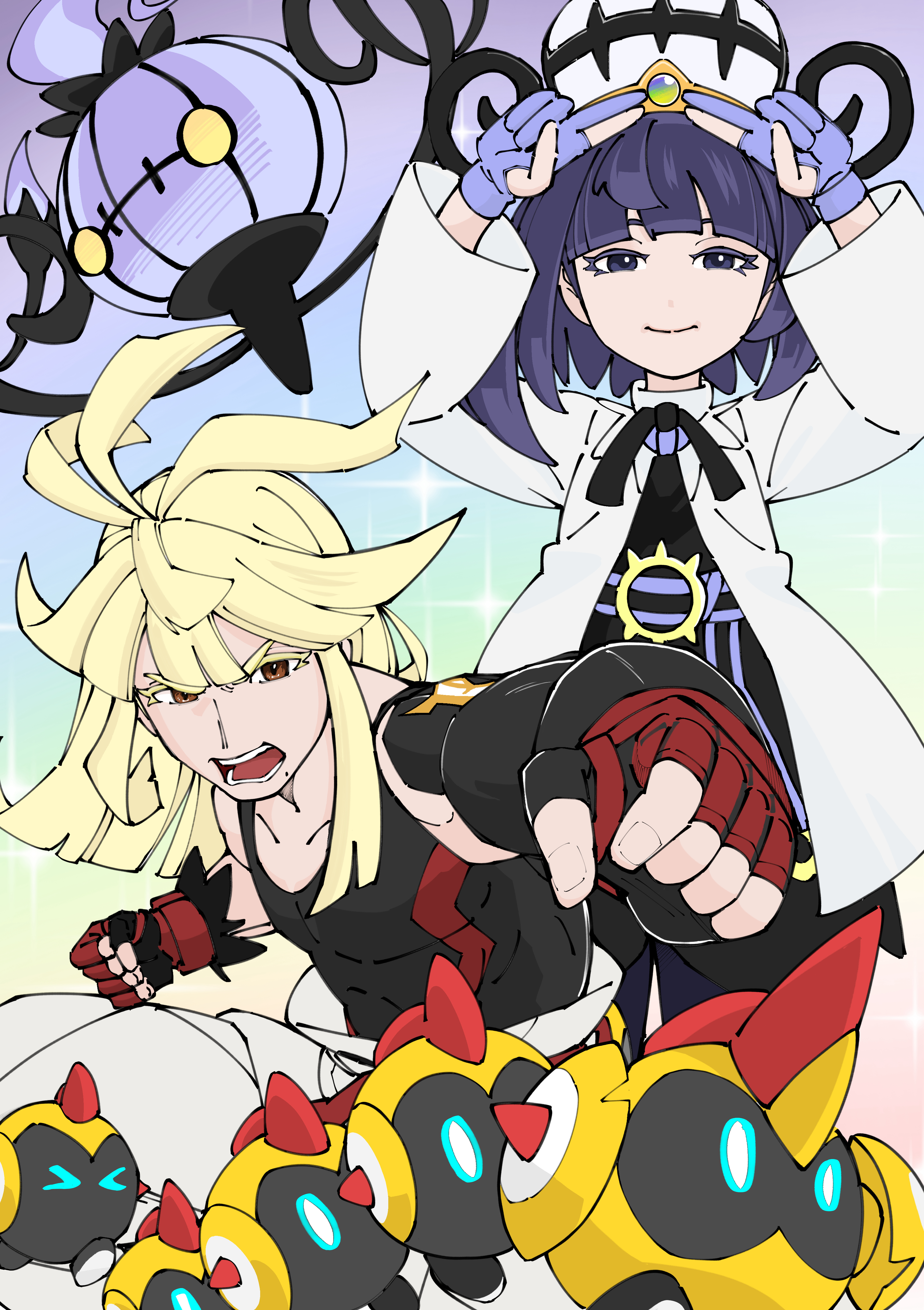 user macu7727, chandelure, falinks, gwynn (pokemon), ivor (pokemon), nintendo, pokemon, pokemon legends: z-a, absurdres, commentary request, highres, 1boy, 1girl, black dress, black shirt, blonde hair, brother and sister, brown eyes, closed mouth, coat, dress, eyelashes, fingerless gloves, gen 5 pokemon, gen 8 pokemon, gloves, hat, long hair, long sleeves, mole, mole under mouth, open mouth, pants, partially fingerless gloves, pokemon (creature), shirt, siblings, sleeveless, sleeveless shirt, smile, sparkle, teeth, white pants