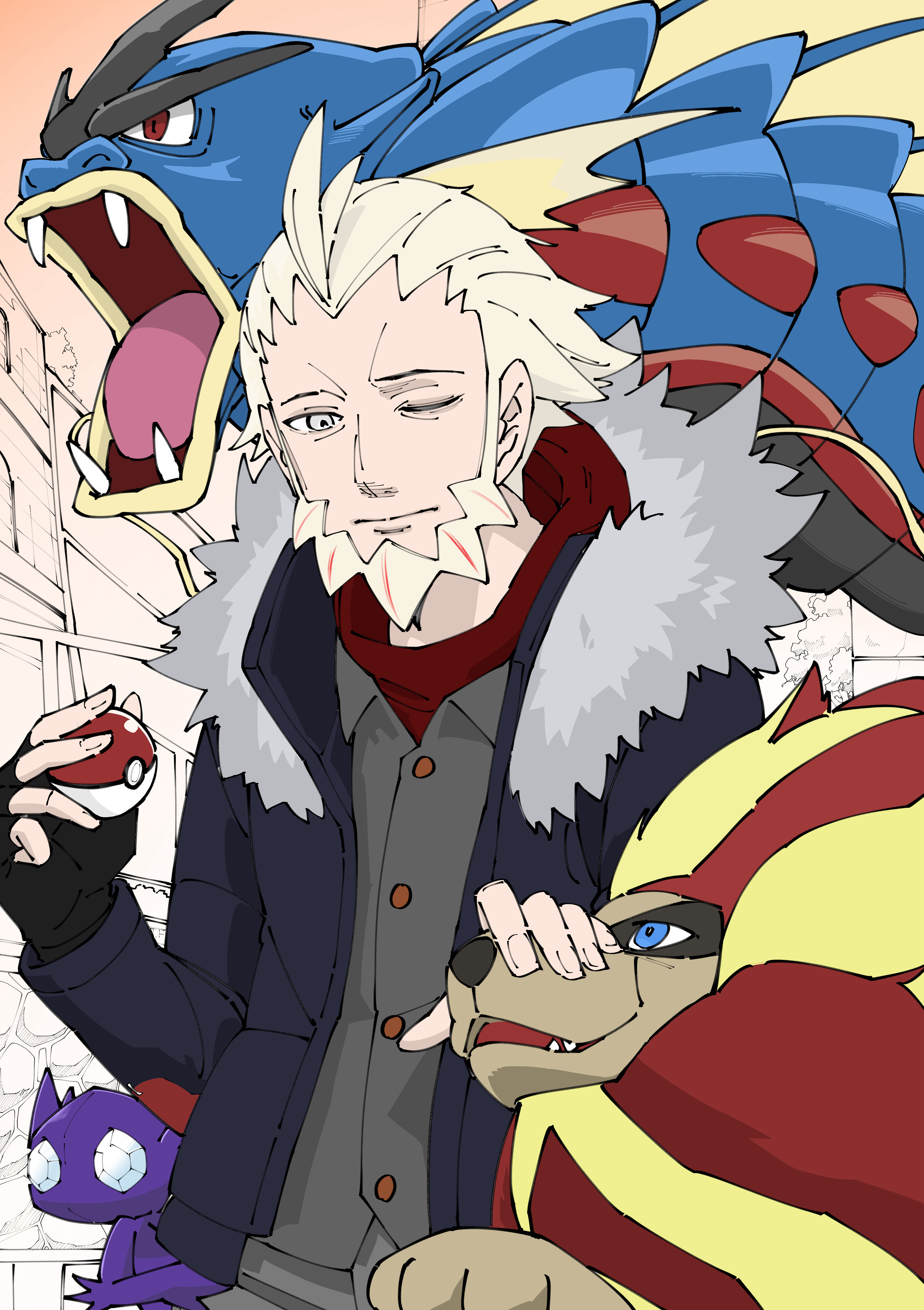 user macu7727, gyarados, lysandre (pokemon), mega gyarados, pyroar, sableye, nintendo, pokemon, pokemon legends: z-a, absurdres, commentary request, highres, 1boy, beard, black gloves, blonde hair, buttons, closed mouth, facial hair, fingerless gloves, gen 1 pokemon, gen 3 pokemon, gen 6 pokemon, gloves, grey eyes, holding, holding poke ball, jacket, long sleeves, looking down, male focus, mega pokemon, open clothes, open jacket, petting, poke ball, poke ball (basic), pokemon (creature), short hair