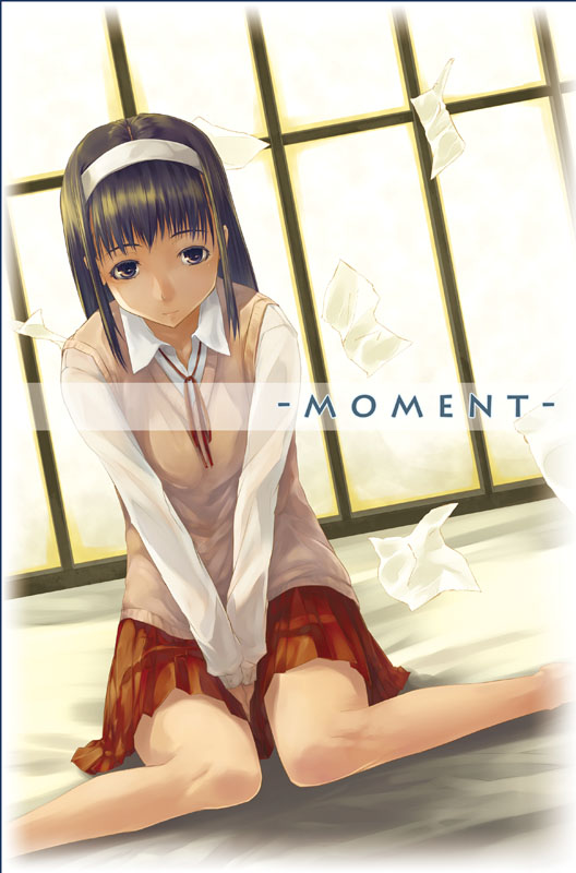 akino komichi, original, bad id, bad pixiv id, 1girl, brown eyes, brown hair, female focus, hairband, paper, ribbon, school uniform, sitting, skirt, solo, sweater vest, wariza