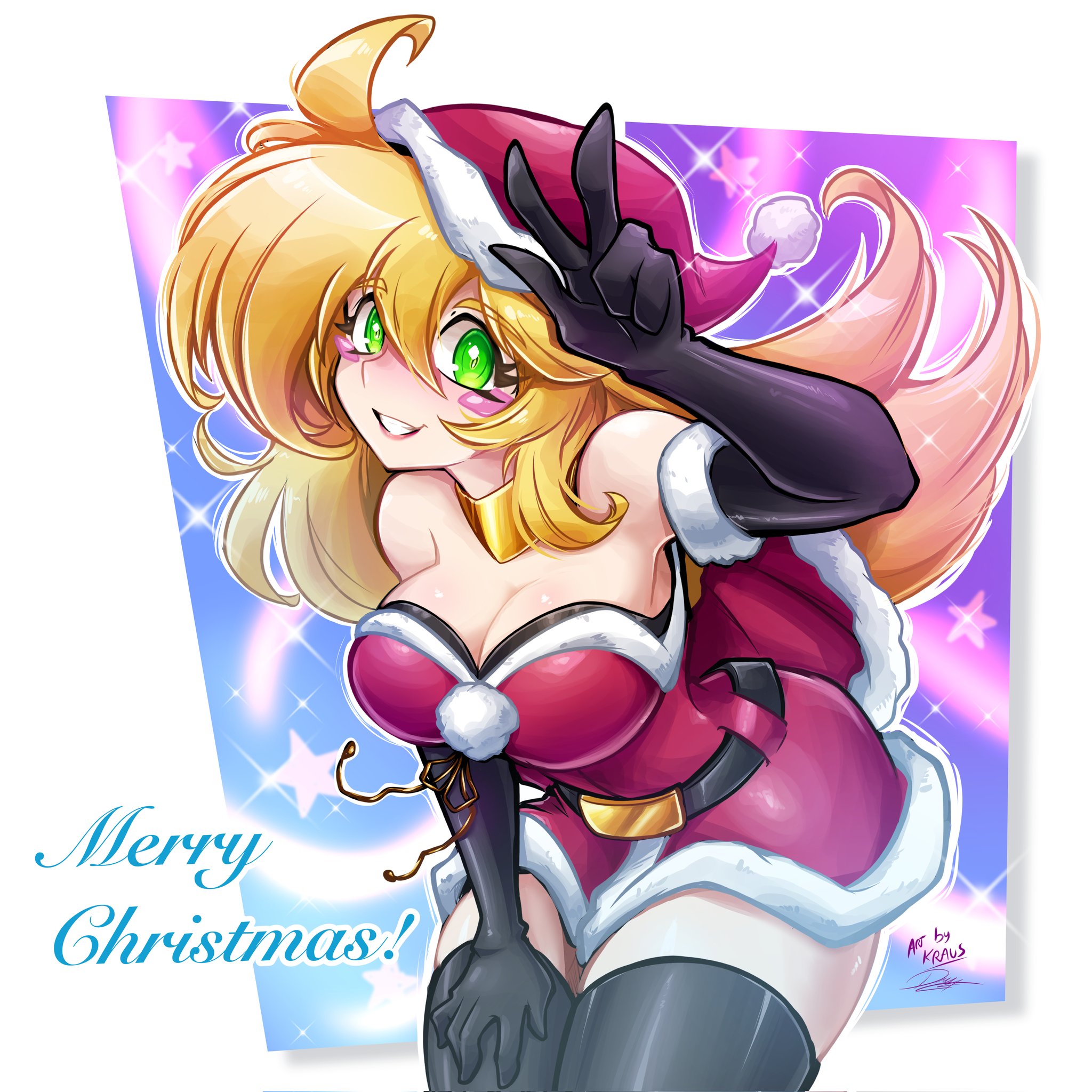 krausarts, dark magician girl, yu-gi-oh!, highres, 1girl, bare shoulders, blonde hair, blush, blush stickers, breasts, capelet, christmas, cleavage, dress, duel monster, fur-trimmed capelet, fur-trimmed dress, fur-trimmed gloves, fur-trimmed headwear, fur trim, gloves, green eyes, hair between eyes, hat, large breasts, long hair, looking at viewer, merry christmas, open mouth, red capelet, red dress, red hat, santa costume, santa dress, santa hat, skirt, smile, solo
