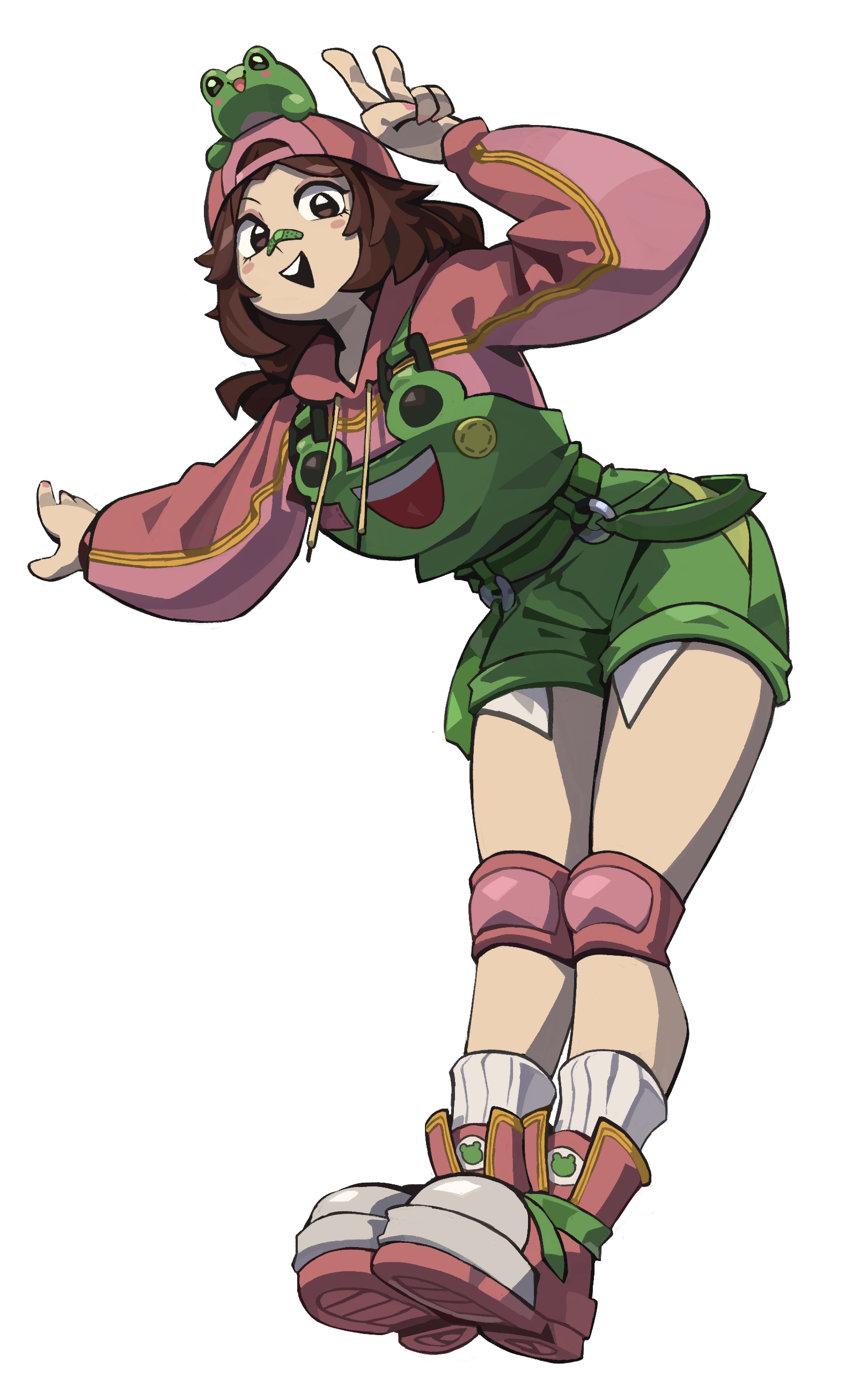 mr plagu3, bethy, indie virtual youtuber, absurdres, commentary, commission, commissioner upload, english commentary, highres, second-party source, 1girl, animal print, backwards hat, bandaid, bandaid on face, bandaid on nose, baseball cap, blush, brown eyes, brown hair, frog, frog on head, frog print, full body, green overalls, green suspenders, hands up, hat, hood, hood down, hoodie, knee pads, leaning forward, long sleeves, looking at viewer, medium hair, multicolored shoes, open mouth, overalls, pink hat, pink hoodie, pink shoes, shoes, socks, solo, standing, teeth, tomboy, transparent background, upper teeth only, v, virtual youtuber, white socks