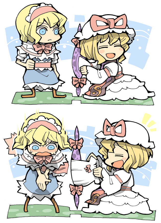 hounori, alice margatroid, yakumo yukari, touhou, 2girls, :d, blonde hair, bloomers, blue dress, blue eyes, blush, capelet, clothes theft, dress, female focus, frilled dress, frills, gap (touhou), hairband, hat, juliet sleeves, long sleeves, mob cap, multiple girls, open mouth, puffy sleeves, sash, short hair, smile, tabard, theft, underwear, underwear theft