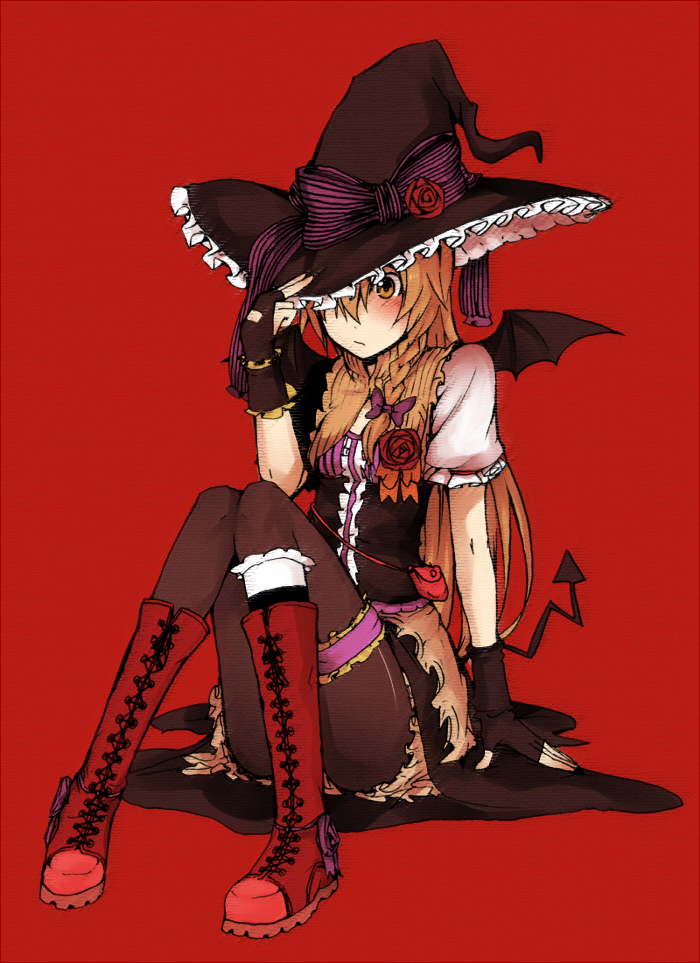 marisu, kirisame marisa, touhou, bad id, bad pixiv id, 1girl, alternate costume, asymmetrical clothes, bag, bat wings, blonde hair, bloomers, blush, boots, bow, braid, covering face, covering privates, demon tail, female focus, fingerless gloves, flower, frilled thigh strap, gloves, hair bow, hair ribbon, hand on headwear, hat, hat tug, lace-up boots, long hair, pantyhose, ribbon, rose, side braid, sitting, solo, tail, thigh strap, underwear, wings, witch hat, wrist cuffs, yellow eyes