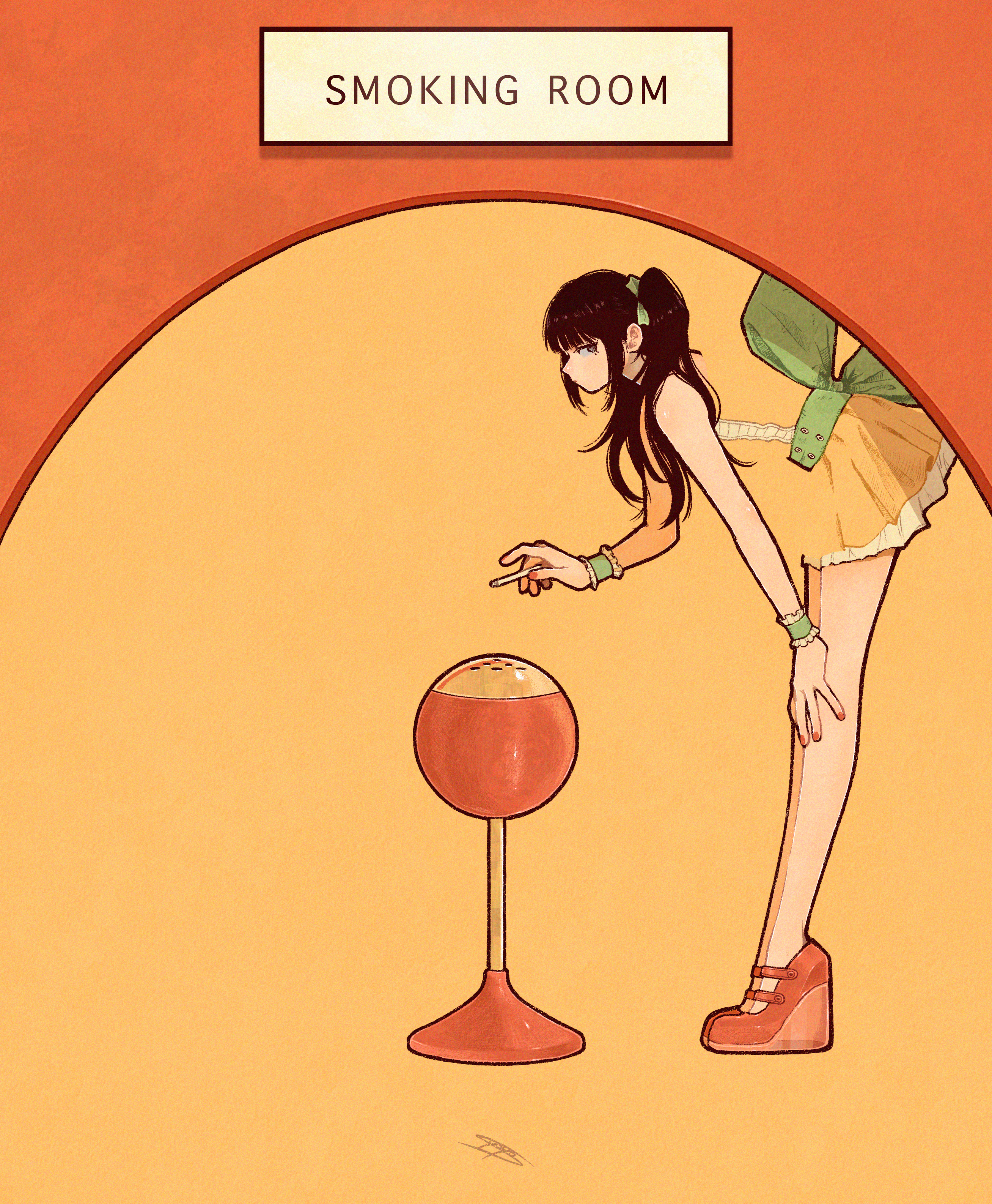 syooooyoooo, original, absurdres, commentary, english commentary, highres, 1girl, back bow, black hair, blending, bow, dress, english text, from side, green bow, grey eyes, leaning forward, long hair, red nails, red shoes, shadow, shoes, solo, standing, wide shot, yellow background, yellow dress