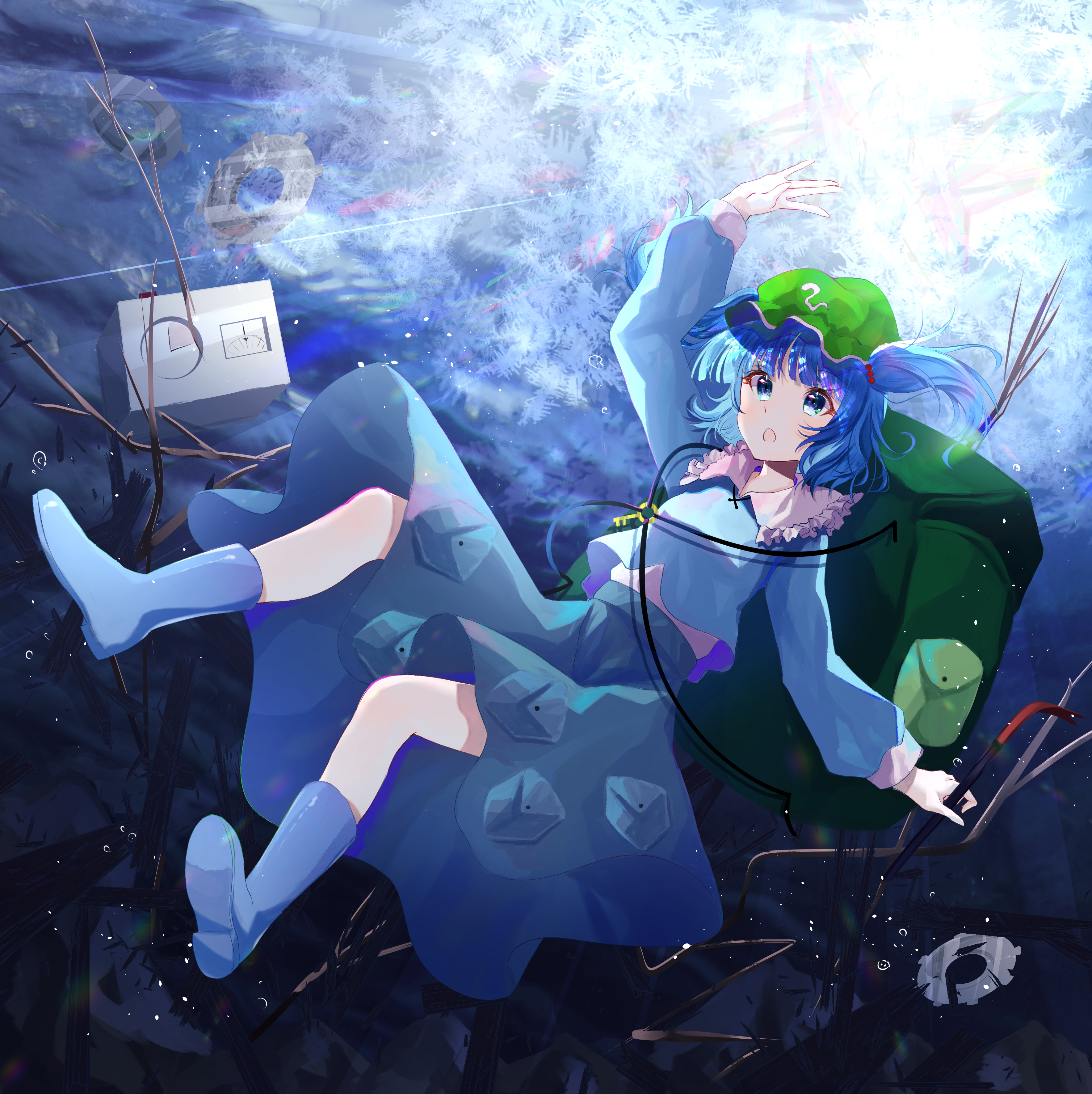 nettian51, kawashiro nitori, touhou, absurdres, commentary, highres, 1girl, :o, blue boots, blue eyes, blue hair, blue pants, blue shirt, blush, boots, collared shirt, contrast collar, frilled shirt collar, frills, frost, gears, green hat, hat, holding, long sleeves, looking up, pants, pocket, shirt, short hair, sleeve cuffs, solo, tools, twig, undershirt, underwater