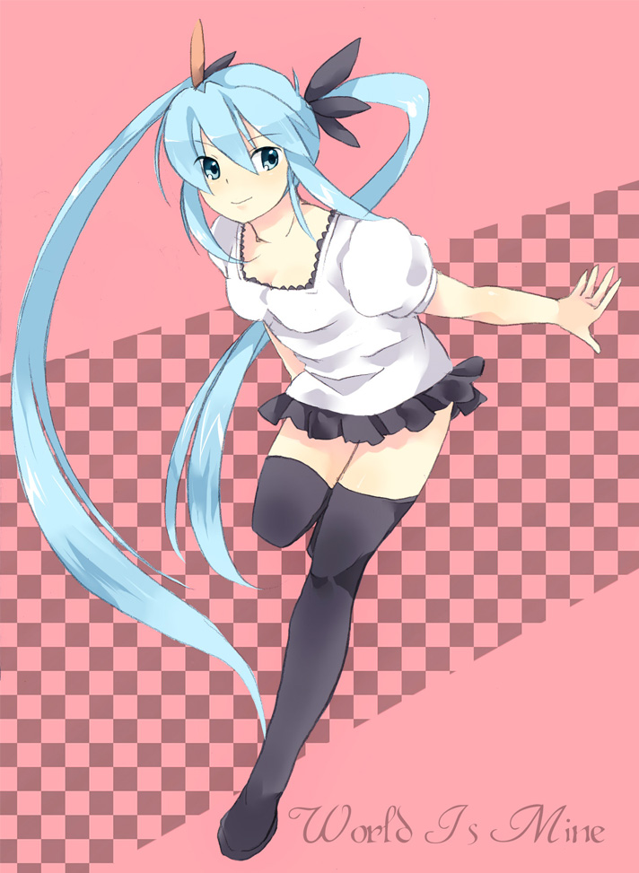 moka-momaka, hatsune miku, vocaloid, world is mine (vocaloid), bad id, bad pixiv id, 1girl, aqua eyes, aqua hair, female focus, full body, long hair, solo, thighhighs, twintails, very long hair