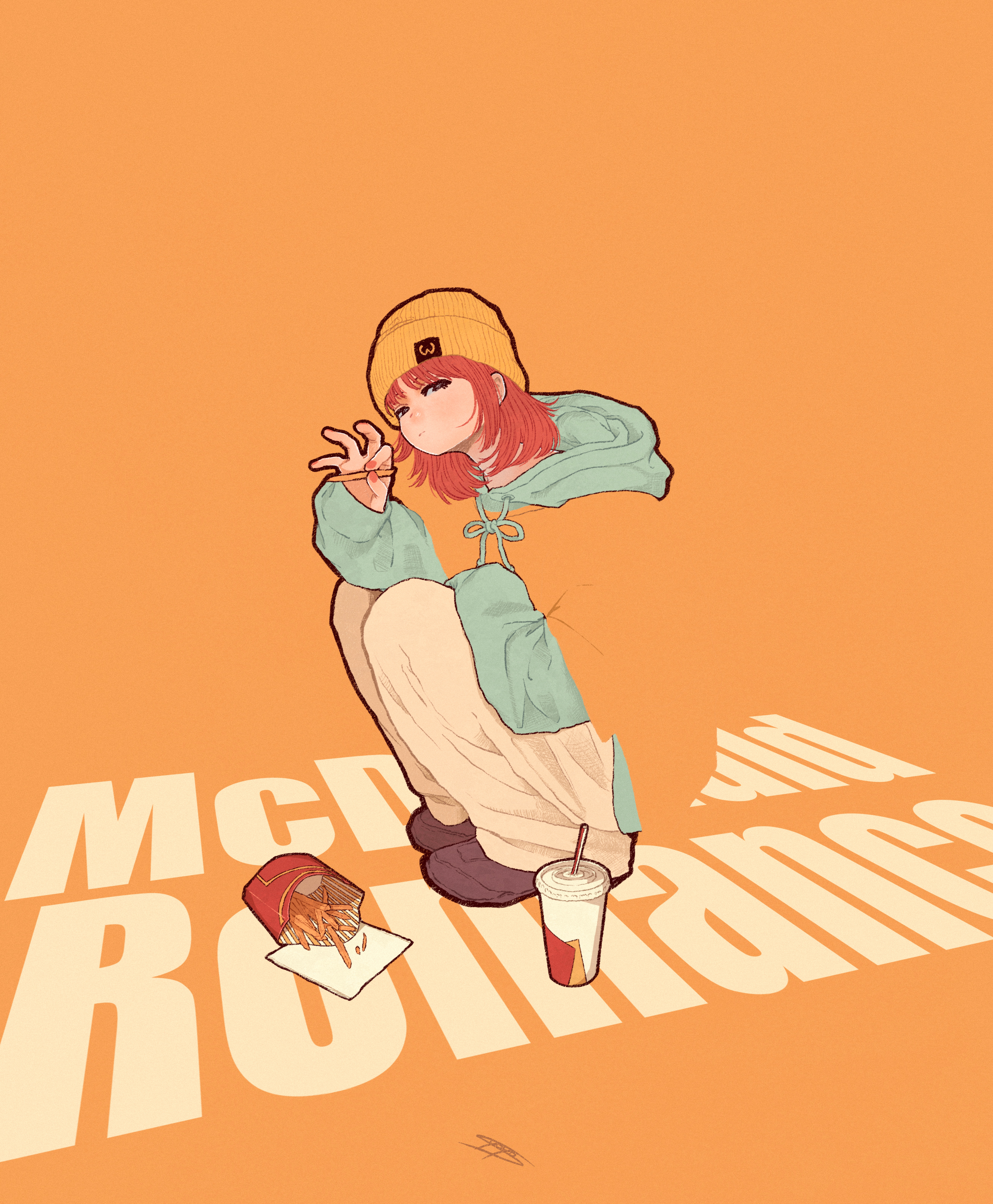syooooyoooo, mcdonald's, absurdres, commentary, highres, 1girl, aqua hoodie, beanie, blending, brown hair, brown shoes, copyright name, cup, fast food, food, french fries, hat, hood, hood down, hoodie, looking at viewer, medium hair, napkin, orange background, orange hat, orange nails, orange shirt, shadow, shirt, shoes, signature, solo, squatting