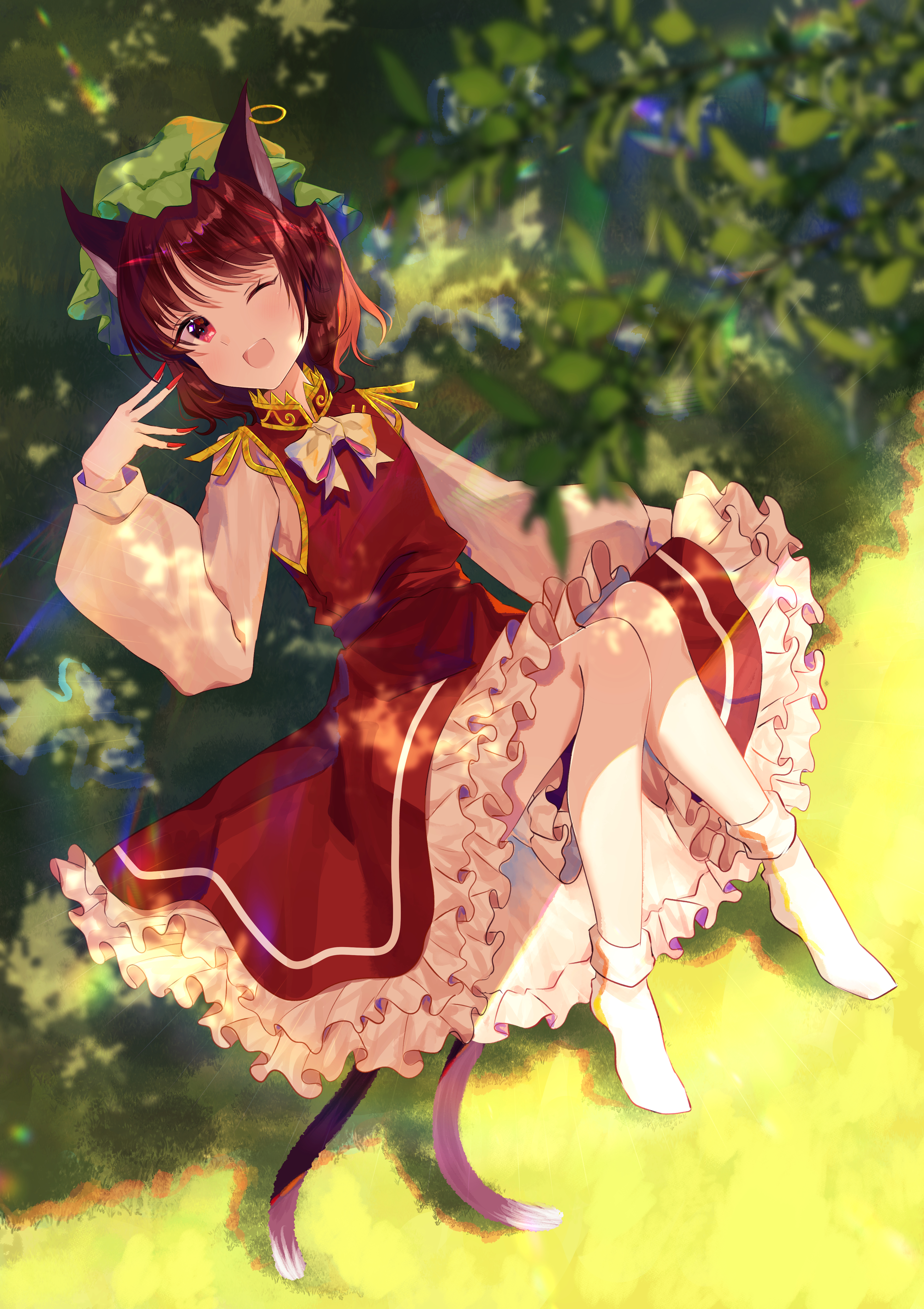 nettian51, chen, touhou, absurdres, highres, 1girl, :d, bloomers, blush, bow, bowtie, branch, brown hair, cat girl, cat tail, collared vest, earrings, frilled skirt, frills, green hat, hat, jewelry, leaf, long sleeves, mob cap, multiple tails, nail polish, no shoes, one eye closed, open mouth, red eyes, red nails, red skirt, red vest, shade, shirt, short hair, single earring, sitting, skirt, smile, socks, solo, tail, teeth, two tails, underwear, upper teeth only, vest, white bow, white bowtie, white shirt, white socks
