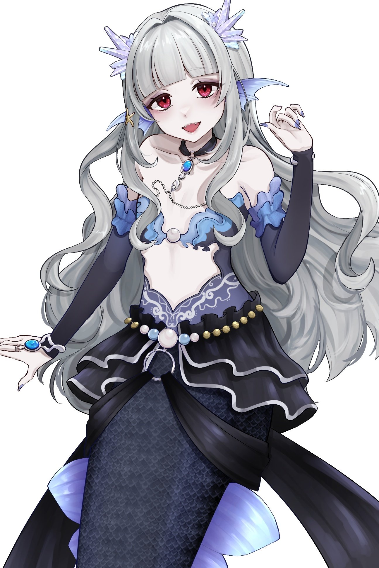 original, commentary request, highres, 1girl, bare shoulders, black bridal gauntlets, black skirt, black tail, blue nails, blunt bangs, breasts, bridal gauntlets, choker, crystal hair ornament, detached sleeves, fangs, fins, frilled skirt, frills, gem, grey hair, hair intakes, hair ornament, head fins, jewelry, lilyfff, lilyfff5252, long hair, long sidelocks, mermaid, monster girl, nail polish, open mouth, pearl (gemstone), pendant, red eyes, ring, scales, sidelocks, simple background, skirt, small breasts, solo, virtual youtuber, white background, white hair
