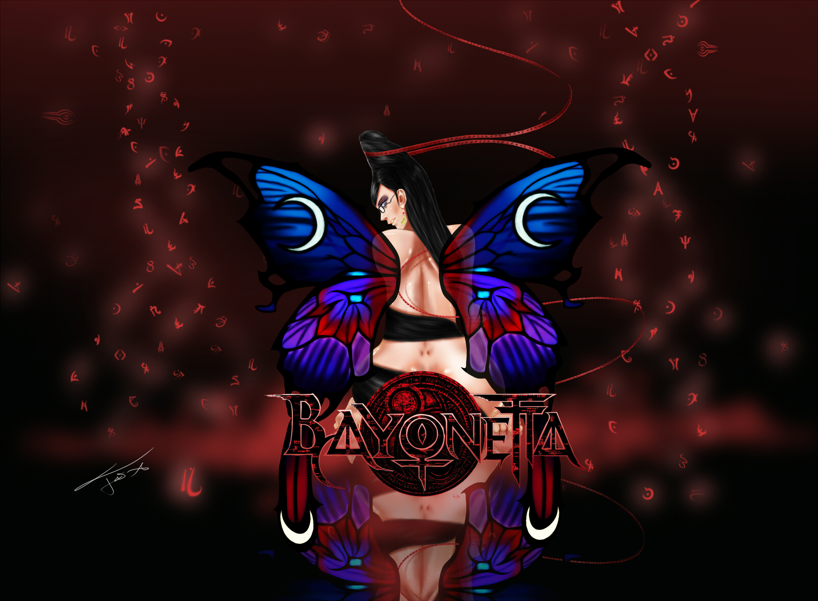 fox (pixiv571181), bayonetta, bayonetta (series), highres, 1girl, ass, bare back, bare shoulders, black hair, blue eyes, butterfly wings, earrings, female focus, glasses, hair bun, insect wings, jewelry, long hair, looking back, mole, red ribbon, ribbon, single hair bun, solo, very long hair, wings