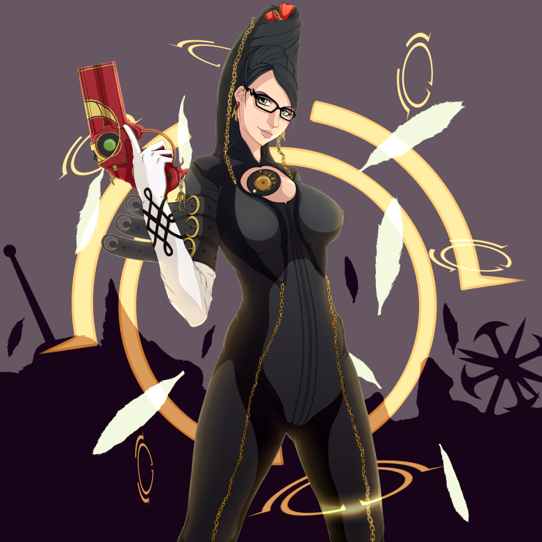yoguretto, bayonetta, bayonetta (series), 1girl, black hair, bodysuit, breasts, chain, cleavage cutout, clothing cutout, earrings, feathers, female focus, glasses, grey eyes, gun, hair bun, jewelry, long hair, red ribbon, ribbon, single hair bun, solo, very long hair, weapon