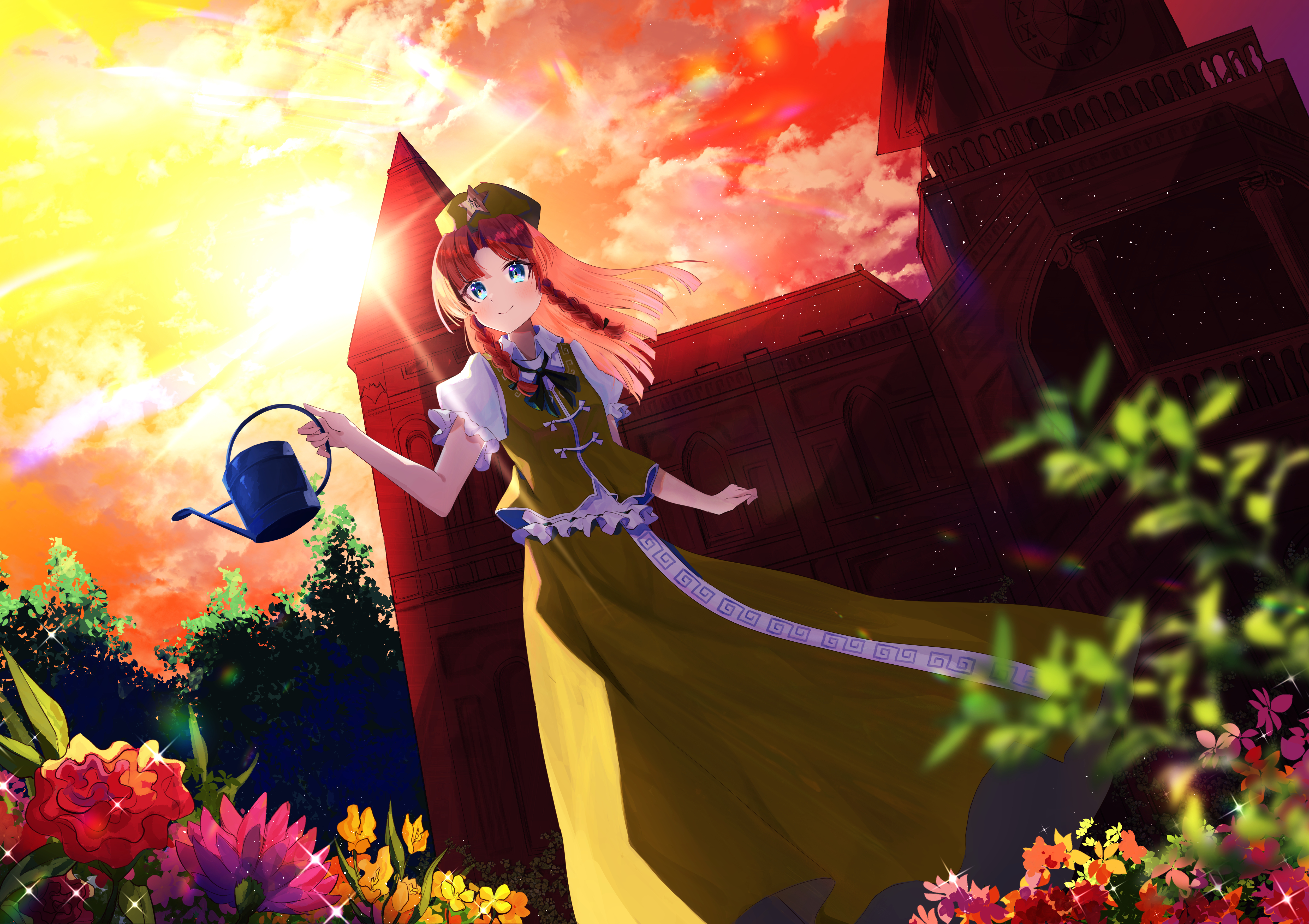 nettian51, hong meiling, touhou, absurdres, commentary, flower request, highres, plant request, 1girl, black ribbon, blue eyes, blurry, bow, braid, closed mouth, cloud, collared shirt, evening, flower, green bow, green hat, green skirt, green vest, hair bow, hat, hat ornament, holding, holding watering can, light rays, long hair, long skirt, neck ribbon, orange hair, plant, rainbow, ribbon, scarlet devil mansion, shirt, short sleeves, skirt, smile, solo, standing, star (symbol), star hat ornament, tree, twin braids, vest, watering can, white shirt