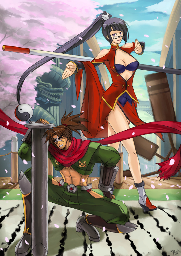 chuex, lao jiu, litchi faye ling, shishigami bang, arc system works, blazblue, blazblue: calamity trigger, bare shoulders, black hair, bra, breasts, brown eyes, brown hair, cleavage, couple, dark skin, fingerless gloves, glasses, gloves, large breasts, lingerie, long hair, nail (hardware), open clothes, open shirt, ponytail, purple eyes, shirt, squatting, staff, standing, underwear, very long hair