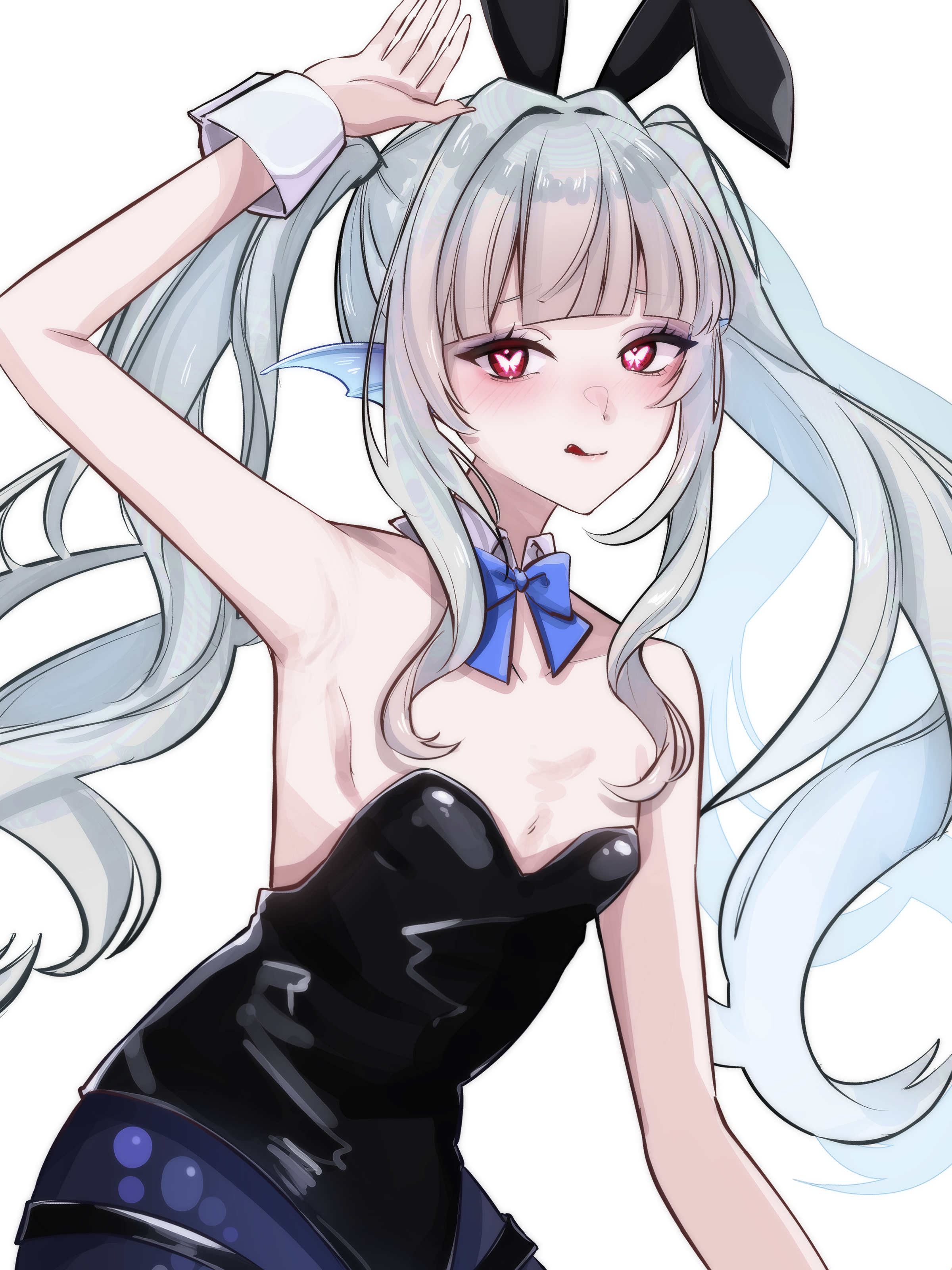 original, absurdres, commentary request, highres, 1girl, animal ear hairband, animal ears, arm up, armpits, bare shoulders, black leotard, black tail, blue ribbon, blunt bangs, blush, bow, bowtie, breasts, butterfly-shaped pupils, cleavage, detached collar, fake animal ears, fins, hairband, head fins, leotard, lilyfff, lilyfff5252, long hair, long sidelocks, mermaid, monster girl, nontraditional playboy bunny, playboy bunny, presenting armpit, rabbit ear hairband, rabbit ears, red eyes, ribbon, sidelocks, simple background, small breasts, solo, strapless, strapless leotard, symbol-shaped pupils, tongue, tongue out, twintails, virtual youtuber, white background, wrist cuffs