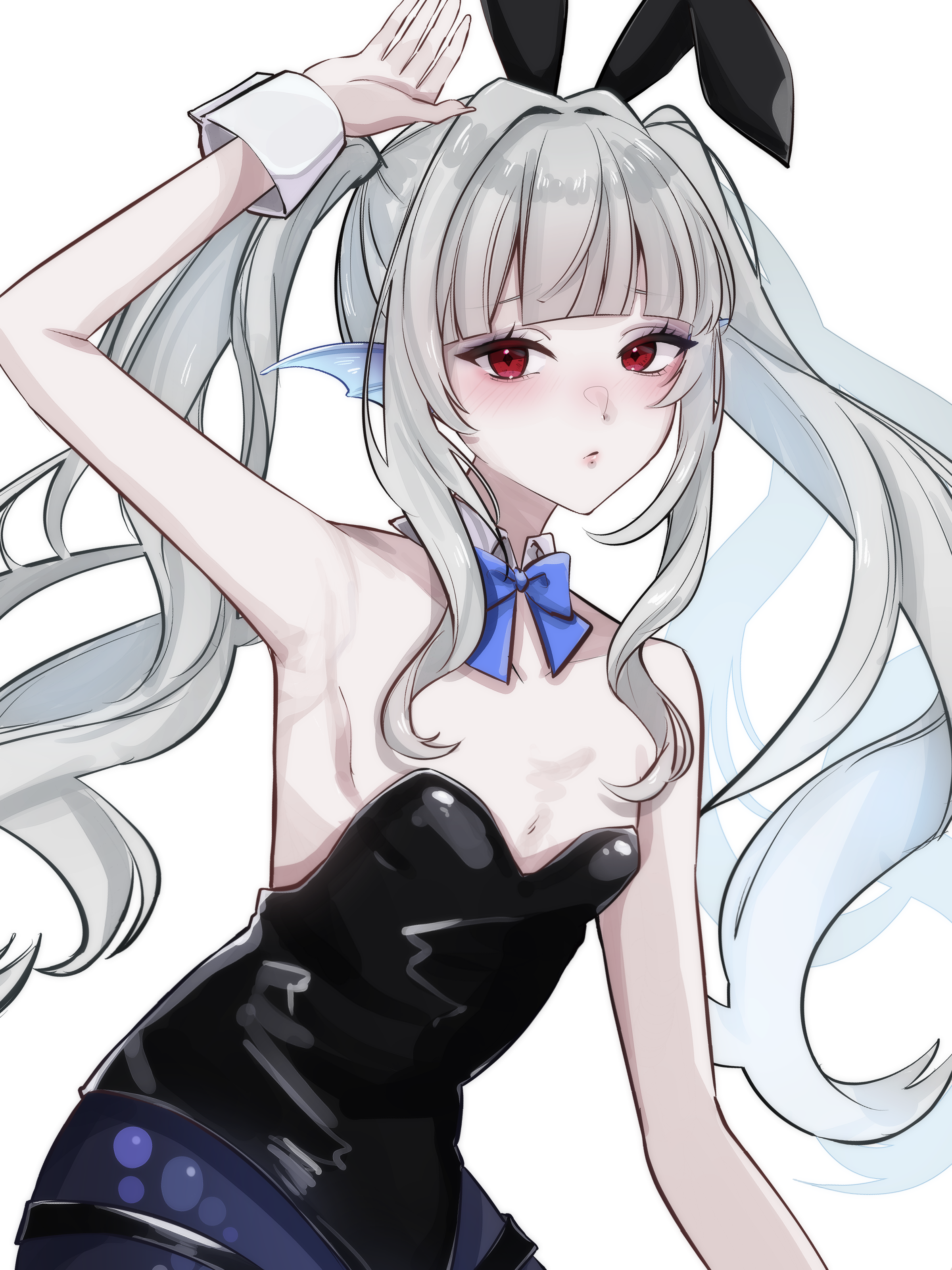 original, absurdres, commentary request, highres, 1girl, animal ear hairband, animal ears, arm up, armpits, bare shoulders, black leotard, black tail, blue ribbon, blush, bow, bowtie, breasts, cleavage, detached collar, fake animal ears, fins, hairband, head fins, leotard, lilyfff, lilyfff5252, long hair, long sidelocks, looking at viewer, mermaid, monster girl, nontraditional playboy bunny, playboy bunny, presenting armpit, rabbit ear hairband, rabbit ears, red eyes, ribbon, sidelocks, simple background, small breasts, solo, strapless, strapless leotard, twintails, virtual youtuber, white background, wrist cuffs