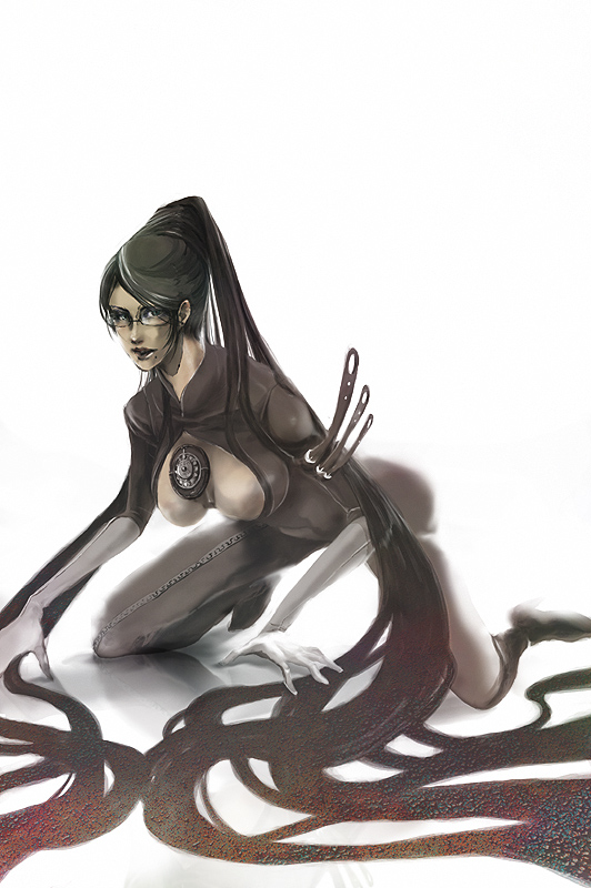 k (pixiv273889), bayonetta, bayonetta (series), 1girl, black hair, bodysuit, breasts, cleavage, cleavage cutout, clothing cutout, female focus, glasses, hair bun, large breasts, long hair, mole, single hair bun, solo, very long hair, white background