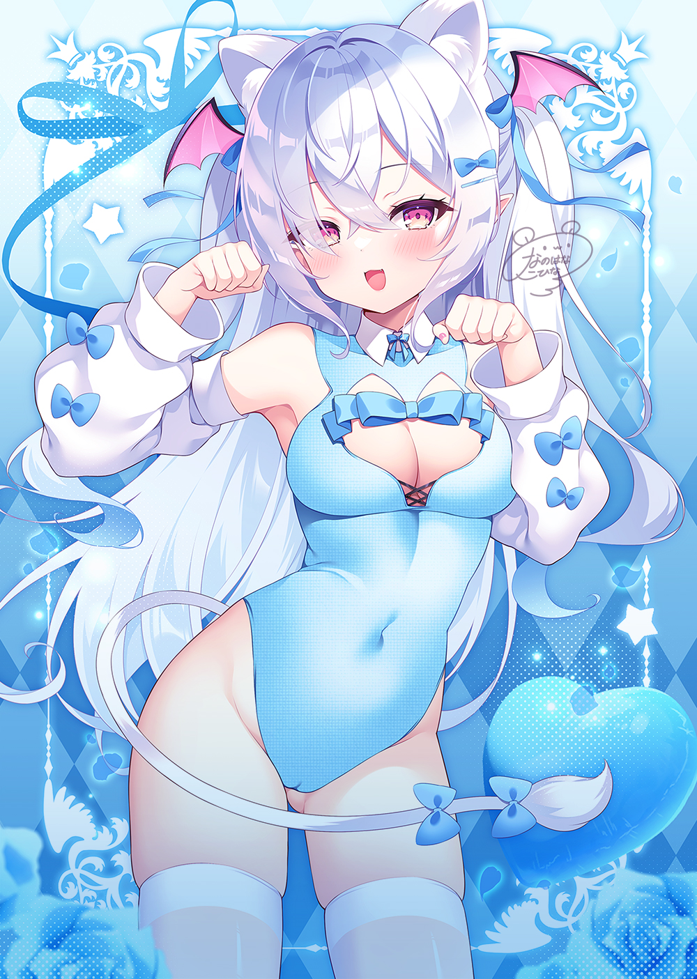 nanohana kohina, original, commentary request, highres, 1girl, animal ear fluff, animal ears, black leotard, blue bow, blue bowtie, blush, bow, bowtie, breasts, cameltoe, cleavage, covered navel, demon wings, detached sleeves, hair between eyes, hands up, head wings, heart, leotard, long hair, long sleeves, looking at viewer, medium breasts, open mouth, paw pose, purple eyes, signature, solo, tail, tail bow, tail ornament, thighhighs, very long hair, white hair, white sleeves, white thighhighs, wings