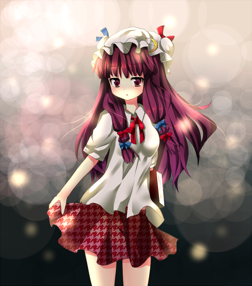 kashii ibu, patchouli knowledge, touhou, 1girl, alternate costume, book, contemporary, female focus, gradient background, hat, long hair, ribbon, shirt, short sleeves, skirt, solo, white shirt