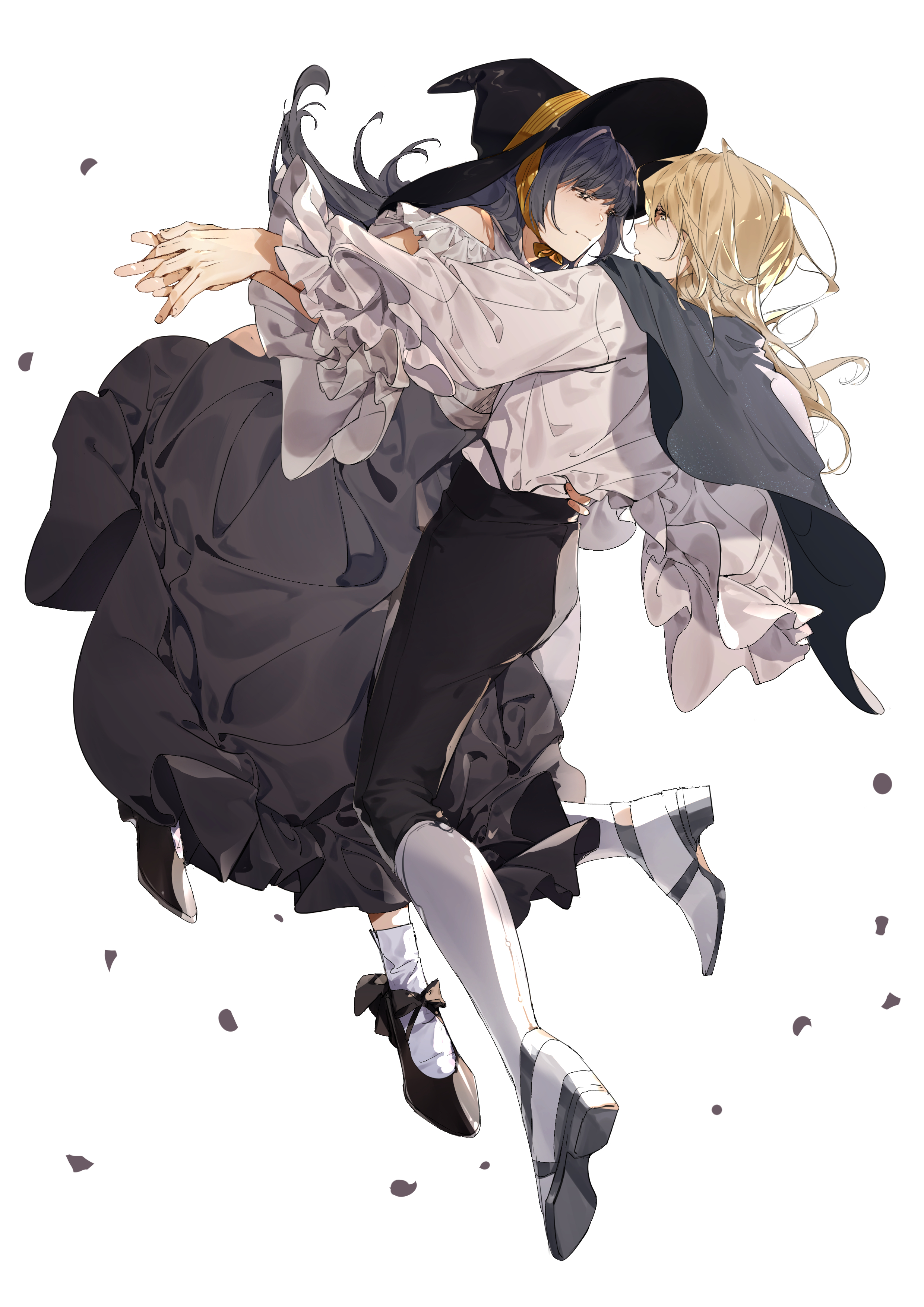 rhg, alkaid mcgrath, alkaid mcgrath (midnight epilogue), heroine (lovebrush chronicles), lovebrush chronicles, absurdres, highres, 1boy, 1girl, assertive female, bare shoulders, black capelet, black hair, black hat, black pants, black shoes, black skirt, blonde hair, boots, bow, capelet, chinstrap, closed mouth, dancing, face-to-face, falling petals, footwear bow, frilled shirt, frilled sleeves, frills, full body, green eyes, hair between eyes, hand on another's back, hat, holding hands, knee boots, long hair, long skirt, long sleeves, medium hair, off-shoulder shirt, off shoulder, open mouth, outstretched arm, pants, pants tucked in, petals, shirt, shoe soles, shoes, simple background, skirt, socks, white background, white boots, white shirt, white socks, witch hat