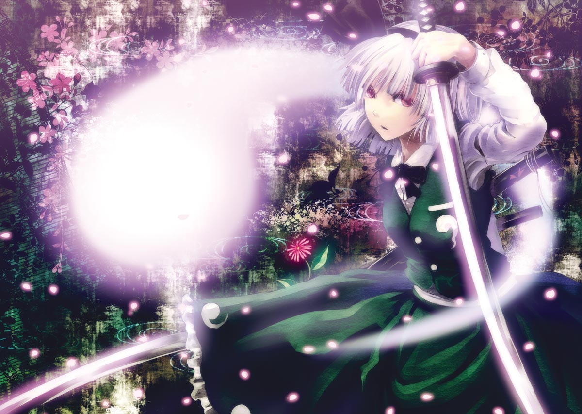 hyuuga azuri, konpaku youmu, konpaku youmu (ghost), touhou, silver hair, 1girl, female focus, flower, ghost, hairband, katana, plant, red eyes, short hair, skirt, solo, sword, weapon