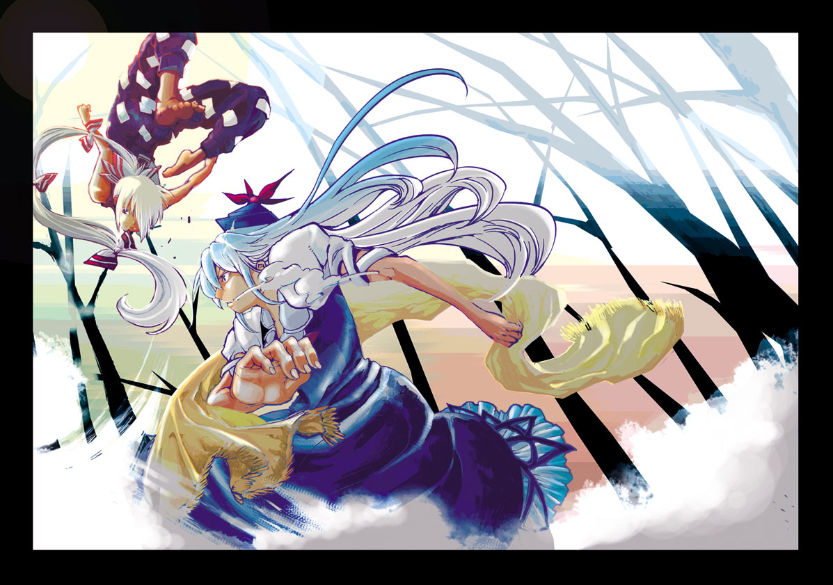 amidakuzu, sano sanoko, fujiwara no mokou, kamishirasawa keine, touhou, silver hair, 2girls, barefoot, battle, bow, feet, female focus, foreshortening, hair bow, hat, long hair, multicolored hair, multiple girls, scarf, tree