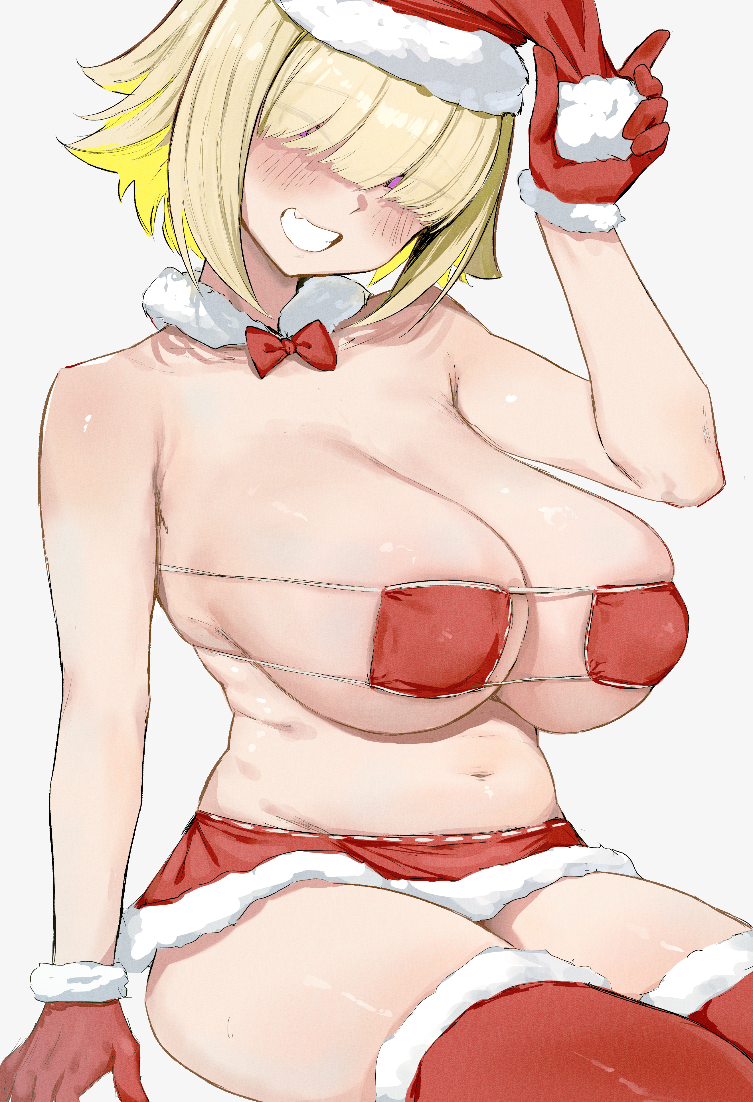 esearu, elegg (nikke), goddess of victory: nikke, absurdres, highres, 1girl, alternate costume, bikini, blonde hair, breasts, eyepatch bikini, gloves, grin, hair over eyes, hat, huge breasts, microskirt, navel, plump, purple eyes, red bikini, red gloves, red skirt, red thighhighs, santa costume, santa hat, short hair, sitting, skirt, smile, solo, swimsuit, thighhighs, thighs, white background