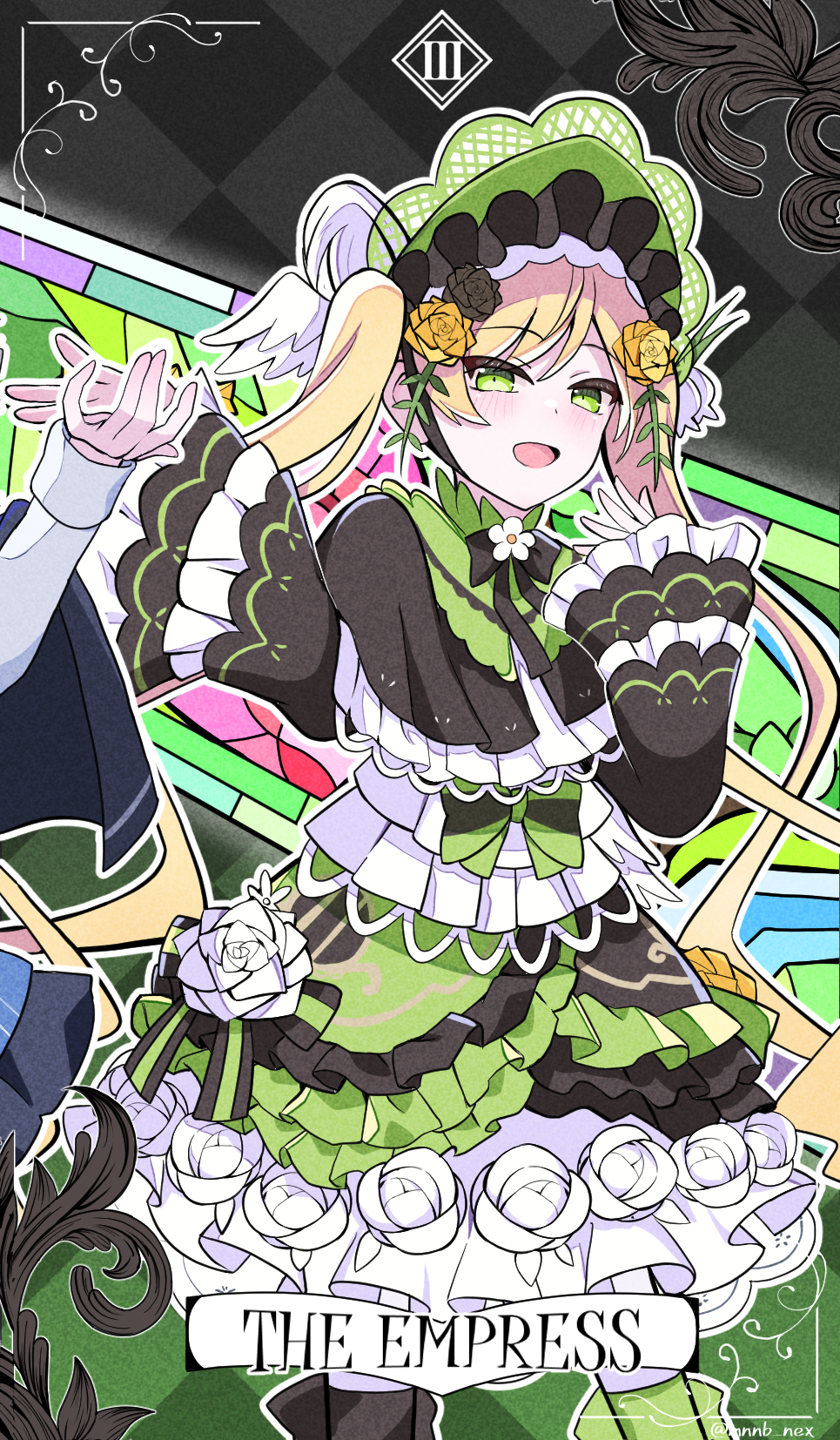 tachibana sherry, tono hanna, mahou shoujo no majo saiban, highres, 2girls, :d, asymmetrical footwear, black flower, black rose, blonde hair, bonnet, dress, flower, flower-trimmed dress, frills, green bonnet, green dress, green eyes, lolita fashion, looking at viewer, mononobe nekuro, mosaic pattern, multiple girls, open mouth, rose, smile, solo focus, stained glass, tarot, the empress (tarot), too many, too many frills, twintails, yellow flower, yellow rose