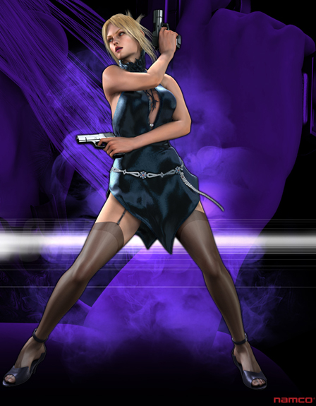 nina williams, death by degrees, namco, tekken, tekken 2, tekken 3, tekken 4, tekken 5 (dark resurrection), tekken tag tournament, official art, 1girl, 3d, blonde hair, blue eyes, breasts, dress, female focus, full body, gun, hair bun, halterneck, high heels, shoes, single hair bun, solo, spread legs, standing, thighhighs, weapon