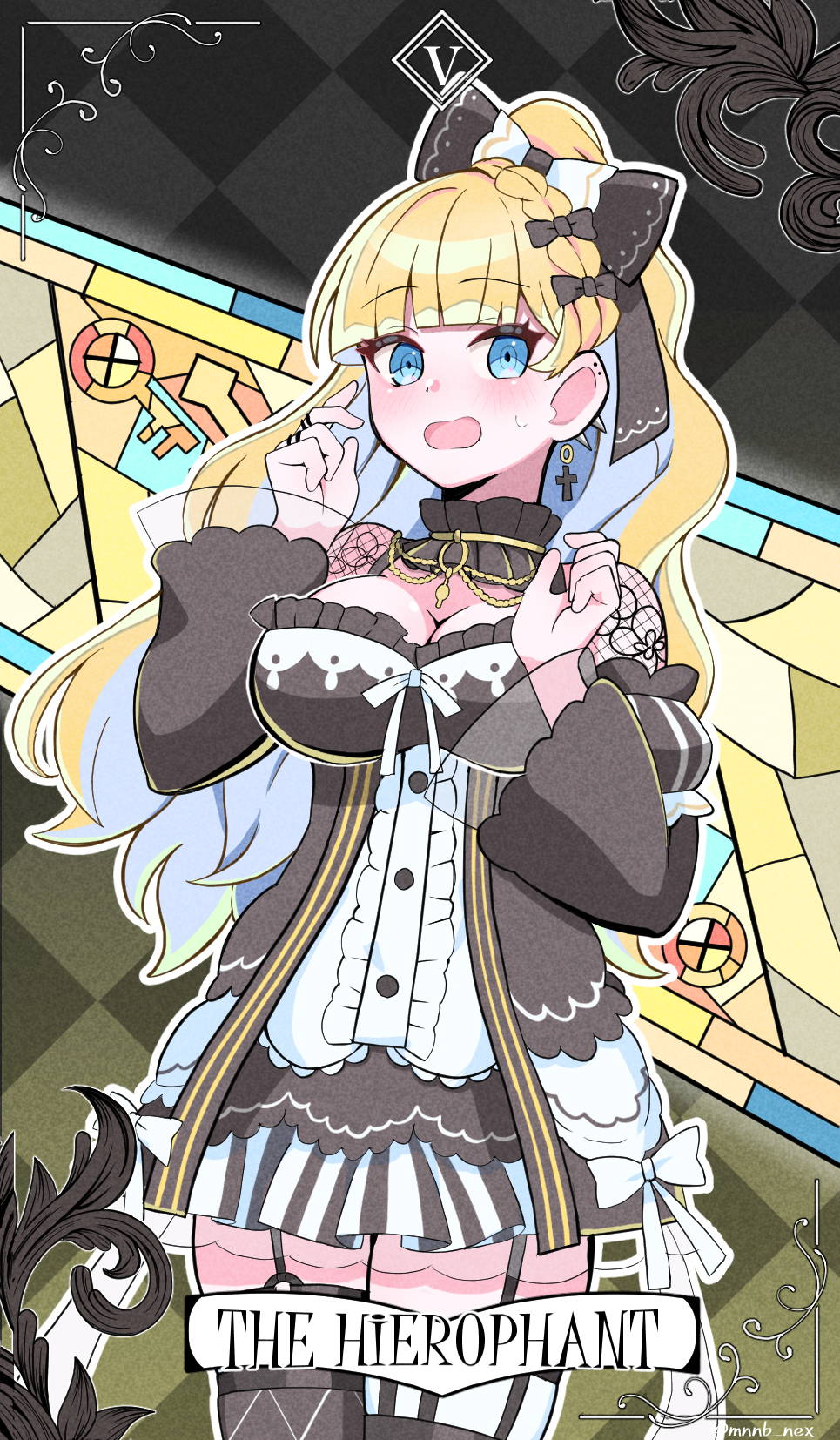 saeki miria, mahou shoujo no majo saiban, commentary, highres, 1girl, aqua eyes, black choker, black dress, blonde hair, bow, breasts, choker, colored inner hair, dress, earrings, garter straps, gothic lolita, hair bow, jewelry, large breasts, lolita fashion, looking at viewer, mononobe nekuro, mosaic pattern, multicolored hair, solo, stained glass, tarot, the hierophant (tarot), thighhighs, two-tone dress
