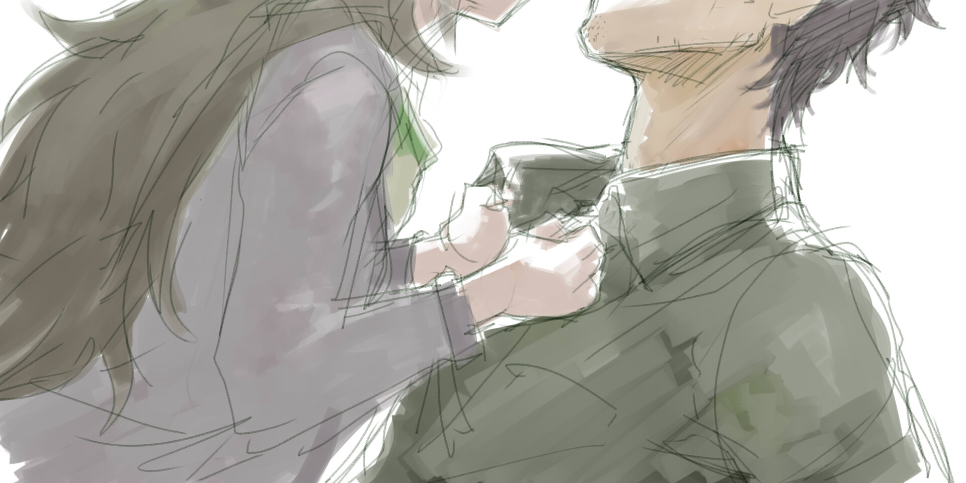 menomorute, hiyajou maho, okabe rintarou, okabe rintarou (beta), science adventure, steins;gate, steins;gate 0, highres, 1boy, 1girl, black hair, black shirt, collar tug, couple, dress shirt, eyes out of frame, head out of frame, hetero, implied kiss, long hair, long sleeves, messy hair, open collar, shirt, simple background, very long hair, white background