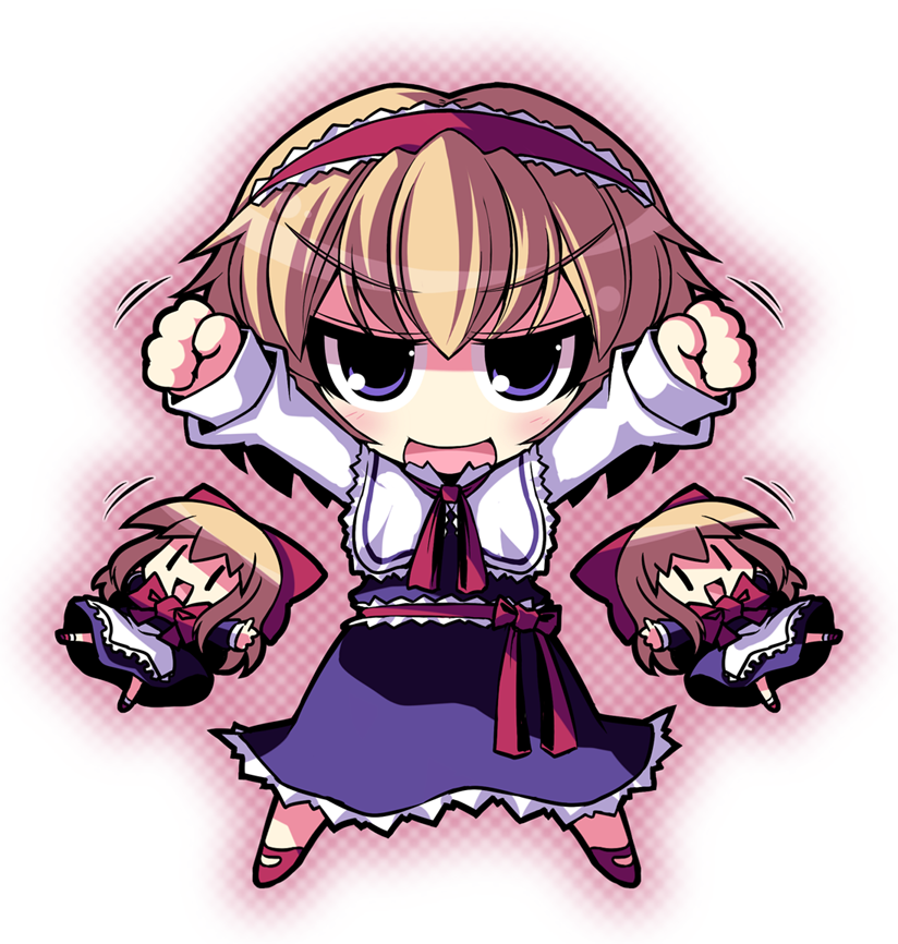 crazy developers, alice margatroid, shanghai doll, touhou, 1girl, blonde hair, blue eyes, bow, chibi, doll, dress, female focus, full body, gradient background, hair bow, hairband, open mouth, shoes, solo, white background
