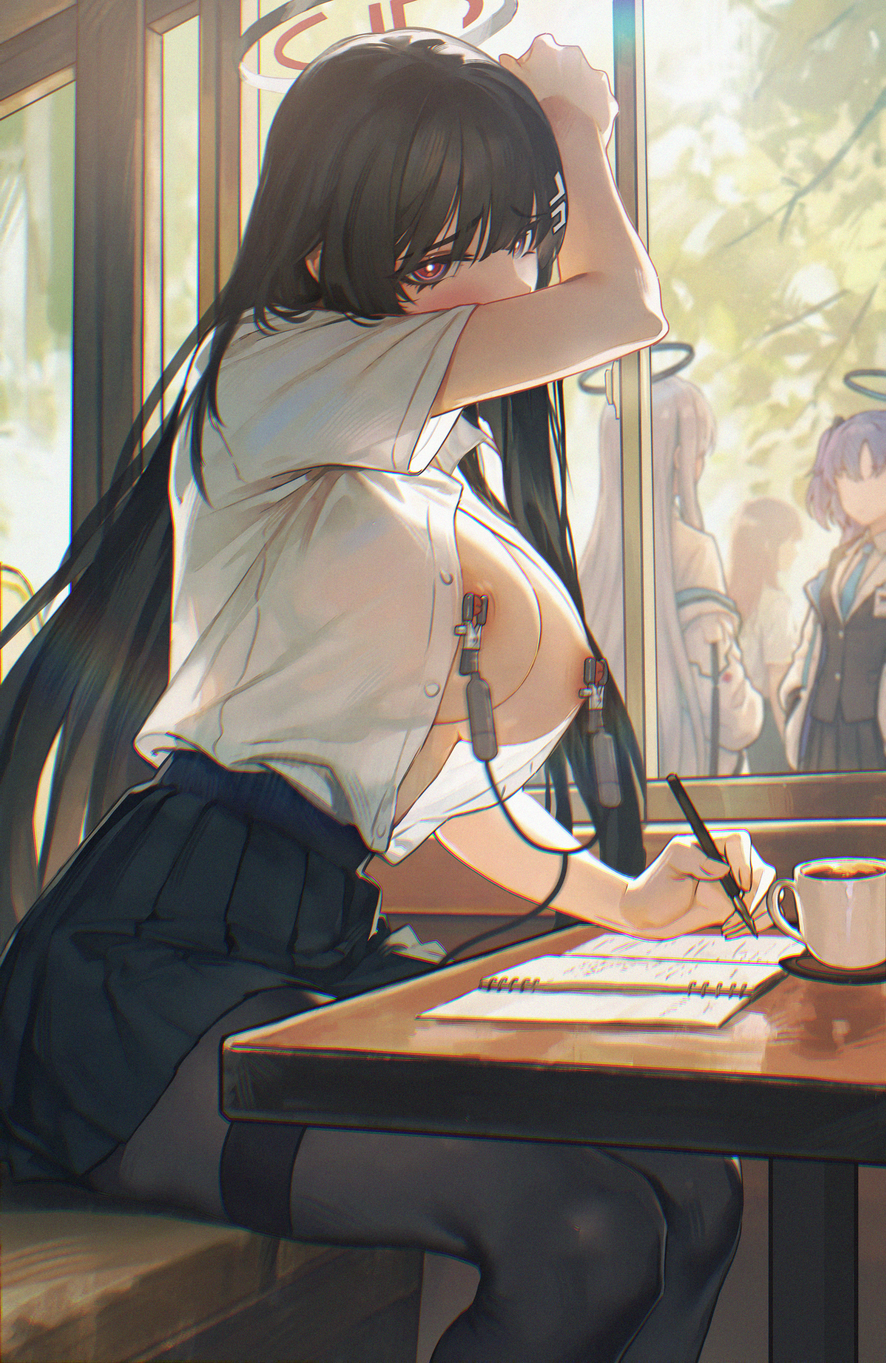 kryp132, noa (blue archive), rio (blue archive), yuuka (blue archive), blue archive, absurdres, highres, textless version, 4girls, black hair, black halo, black pantyhose, black skirt, blush, booth seating, breasts, halo, huge breasts, implied vibrator, indoors, long hair, looking at viewer, multicolored halo, multiple girls, nipple clamps, nipples, open clothes, open shirt, pantyhose, pleated skirt, public indecency, public nudity, red eyes, red halo, remote control vibrator, sex toy, shirt, shirt tucked in, skirt, two-tone halo, vibrator, white shirt, window