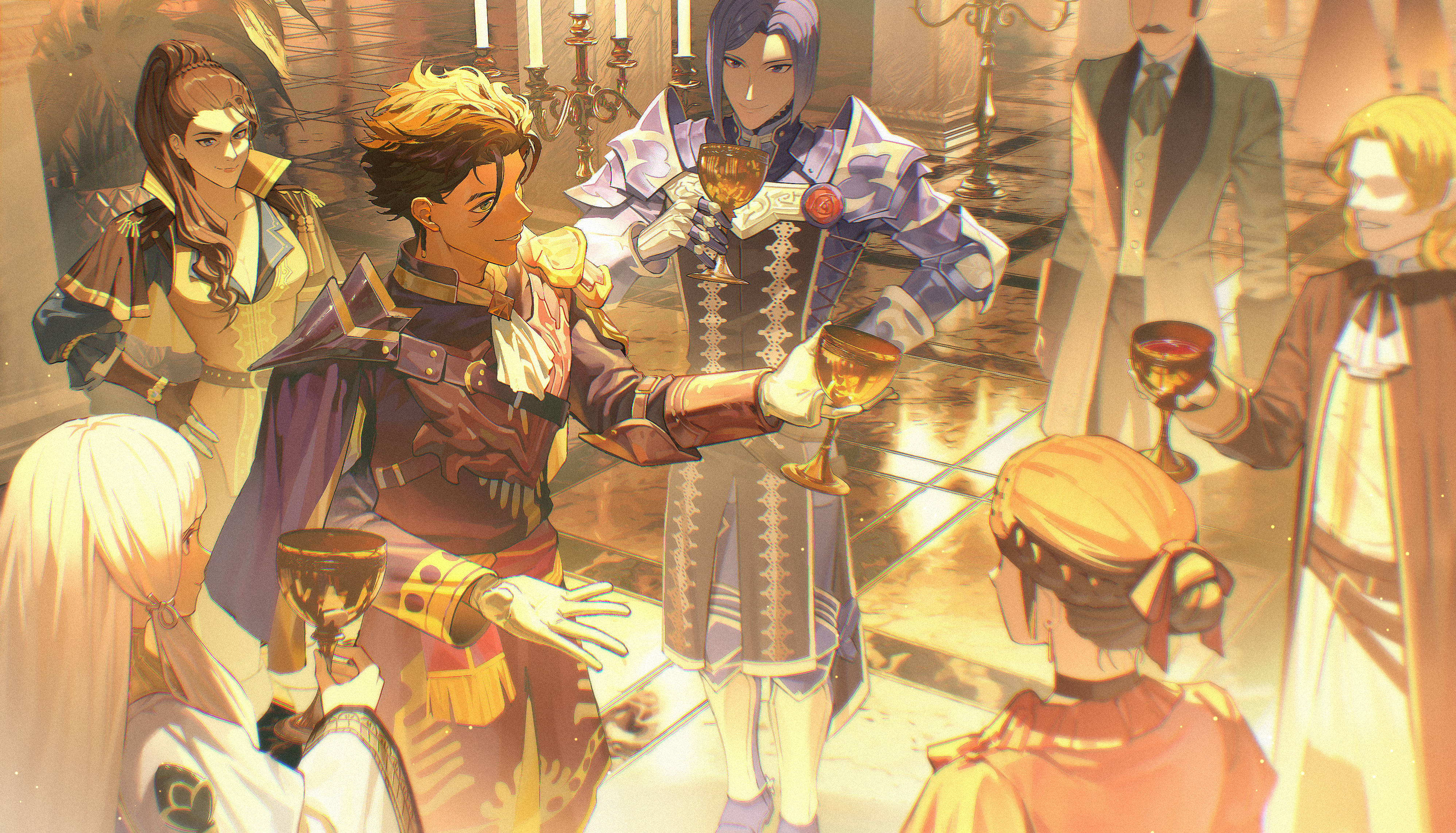 zhihaiwusheng, hanneman von essar, judith von daphnel, lorenz hellman gloucester, lysithea von ordelia, fire emblem, fire emblem: three houses, fire emblem warriors: three hopes, nintendo, absurdres, highres, 2girls, 4boys, armor, breasts, brown hair, candle, cleavage, cup, dark-skinned male, dark skin, faceless, faceless male, facial hair, gloves, holding, holding cup, indoors, medium breasts, multiple boys, multiple girls, mustache, ponytail, purple hair, shoulder armor, standing, white gloves, white hair
