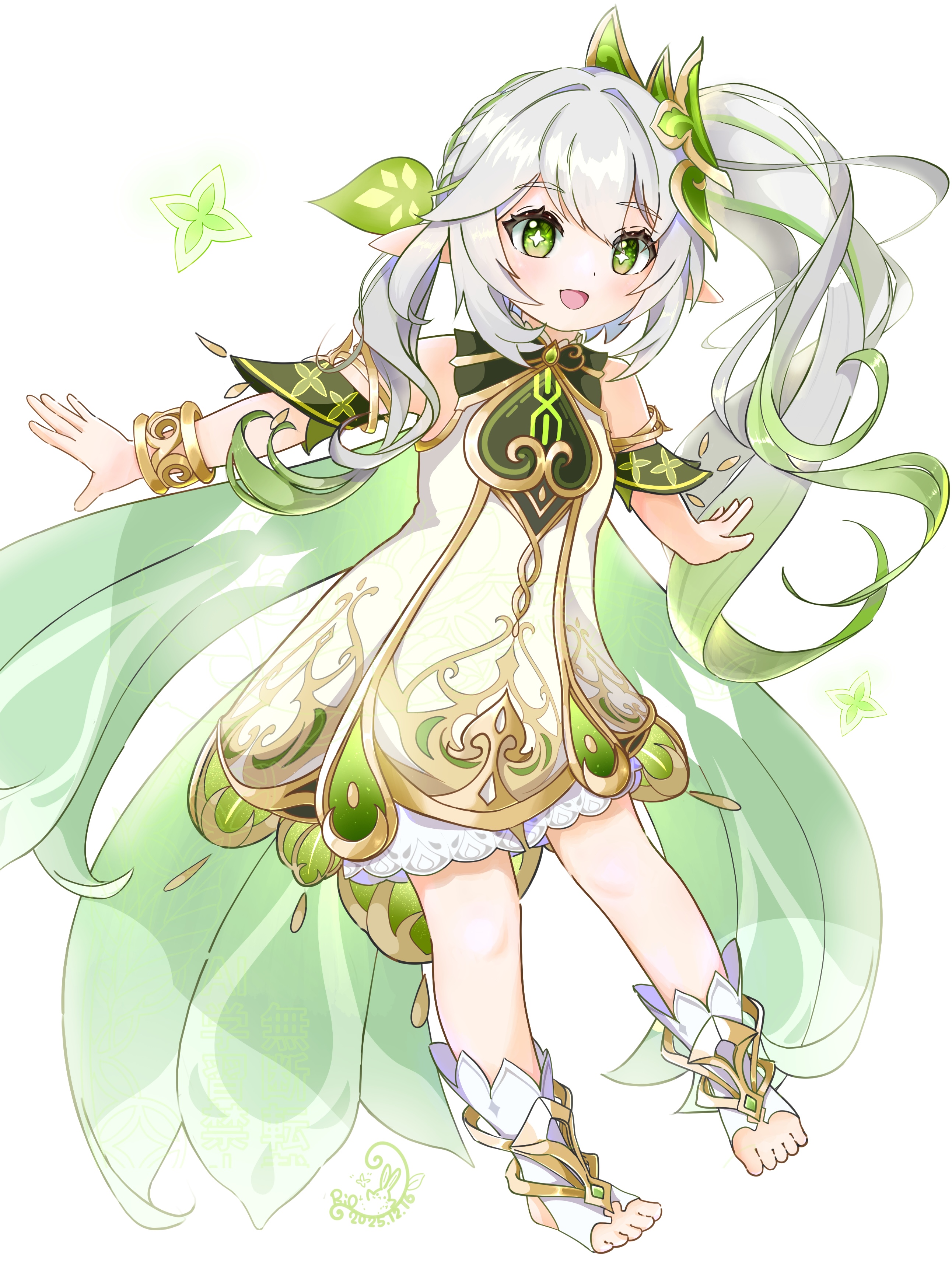 nahida (genshin impact), genshin impact, absurdres, commentary, highres, 1girl, :d, bare shoulders, bloomers, blush, bracelet, dated, detached sleeves, dress, full body, gold trim, gradient hair, green eyes, green hair, green sleeves, hair between eyes, hair ornament, jewelry, leaf hair ornament, long hair, multicolored hair, open mouth, pointy ears, riosnowleopard, side ponytail, signature, sleeveless, sleeveless dress, smile, solo, star-shaped pupils, star (symbol), stirrup legwear, symbol-shaped pupils, toeless legwear, toes, underwear, white bloomers, white dress, white hair